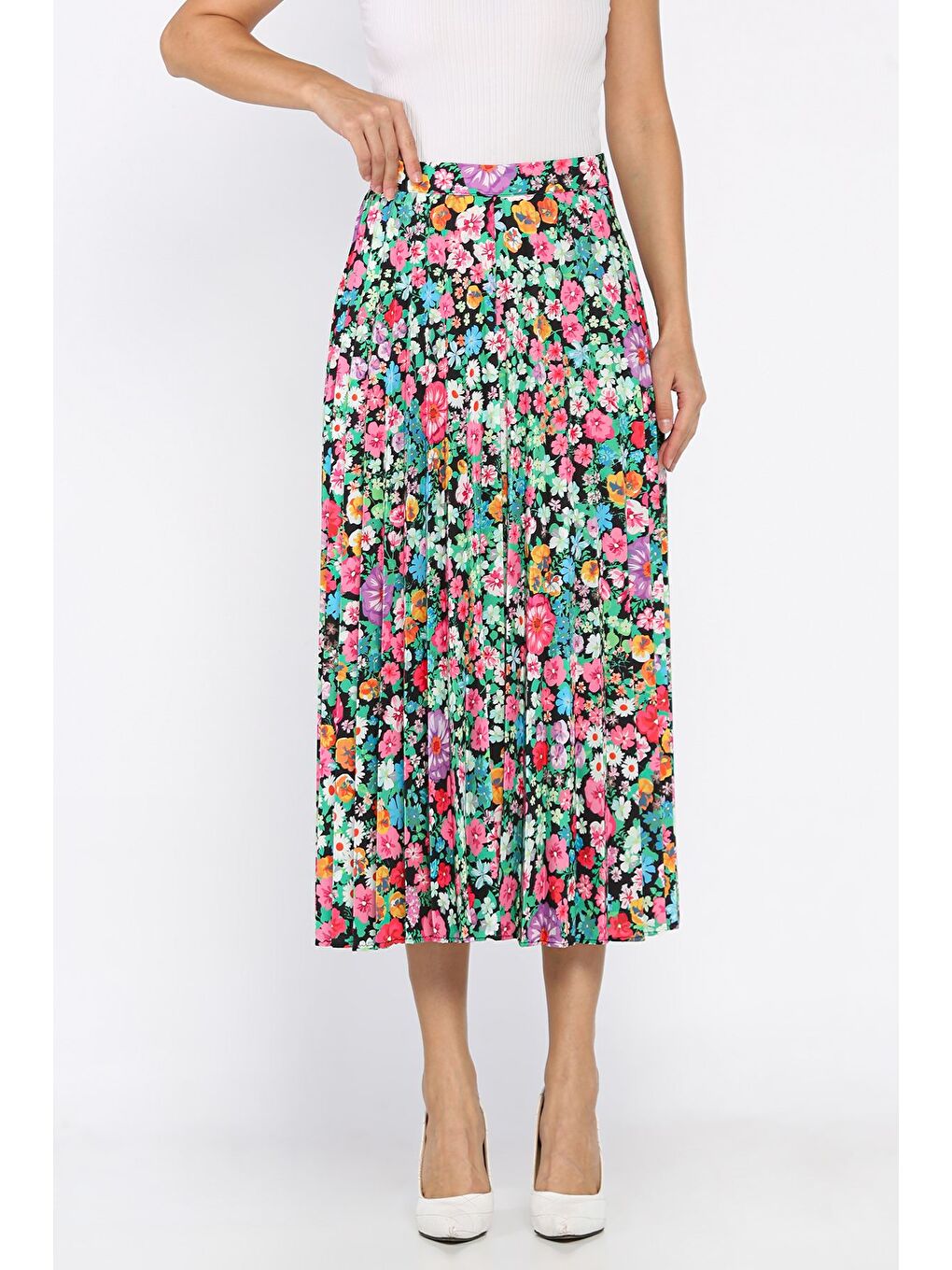 Karışık Çiçek Desenli Pileli Etek