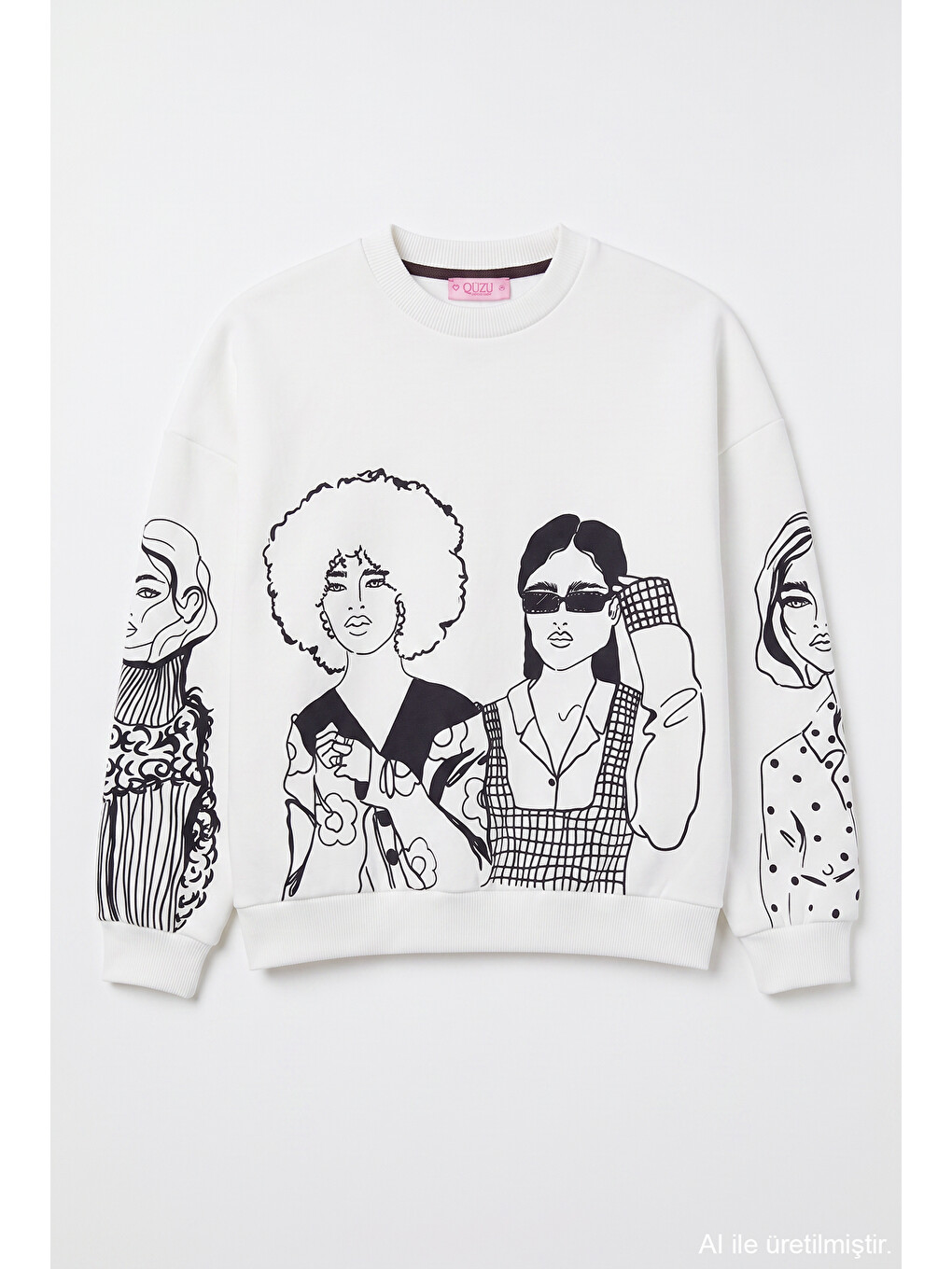 Portre Baskılı Bisiklet Yaka Sweatshirt Ekru-1
