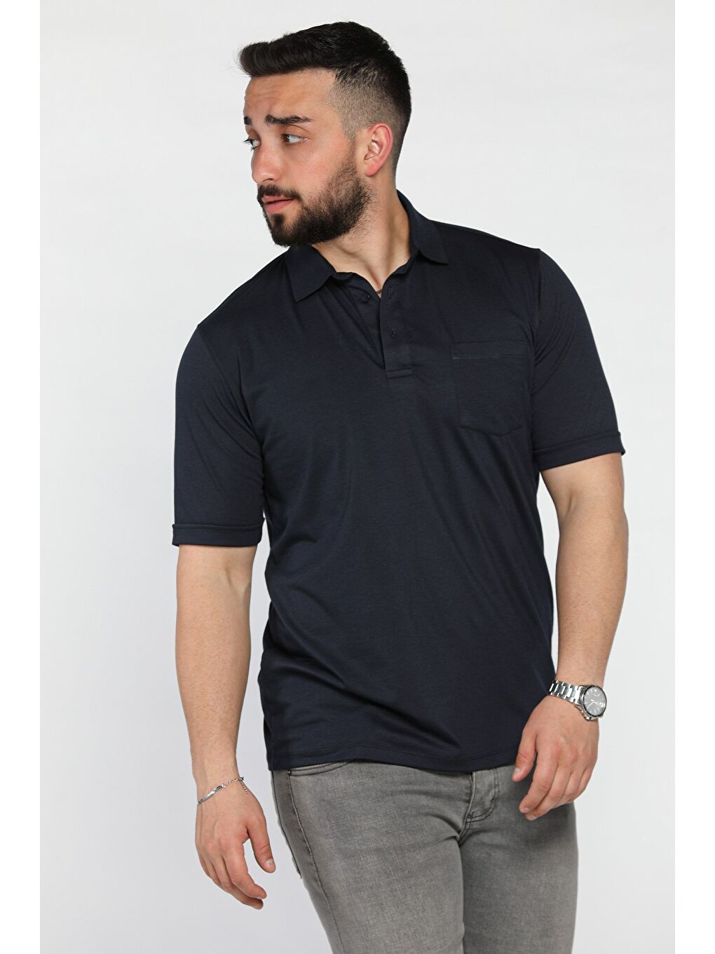 Lacivert Polo Yaka Yarım Düğmeli Cepli Erkek Tişört-1