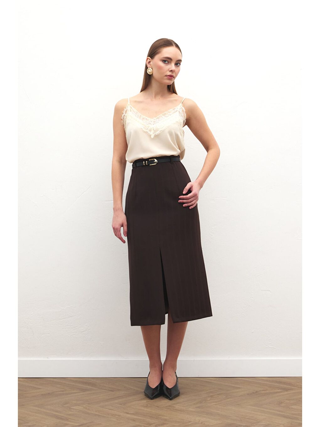 Kahverengi Anna Yırtmaçlı Etek - Kahve-2