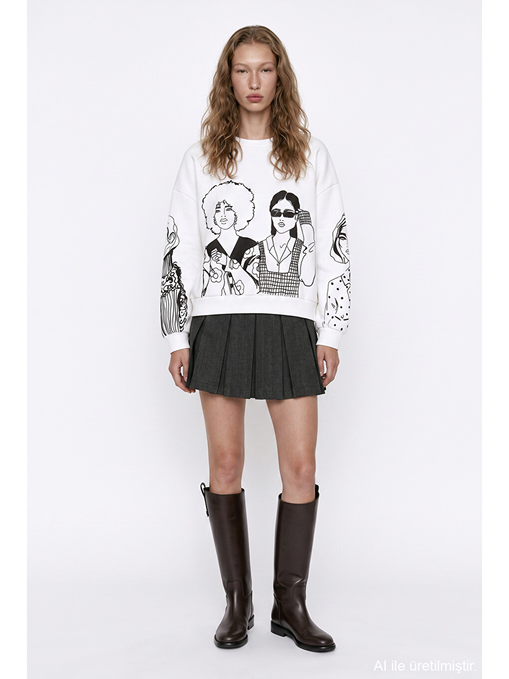 Portre Baskılı Bisiklet Yaka Sweatshirt Ekru-2