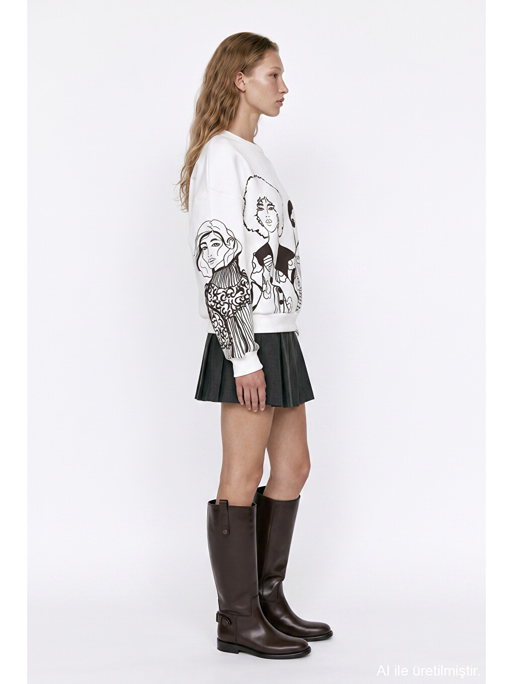 Portre Baskılı Bisiklet Yaka Sweatshirt Ekru-3