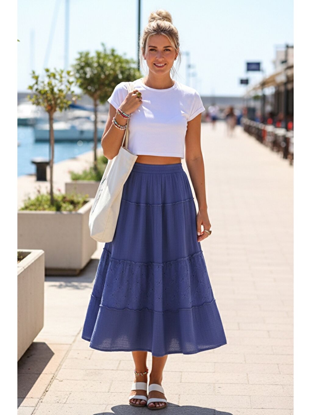 Saks Mavisi Eteği Fırfırlı Brodeli Lastikli Bel Casual Müslin Uzun Dokuma Etek 92 65-1