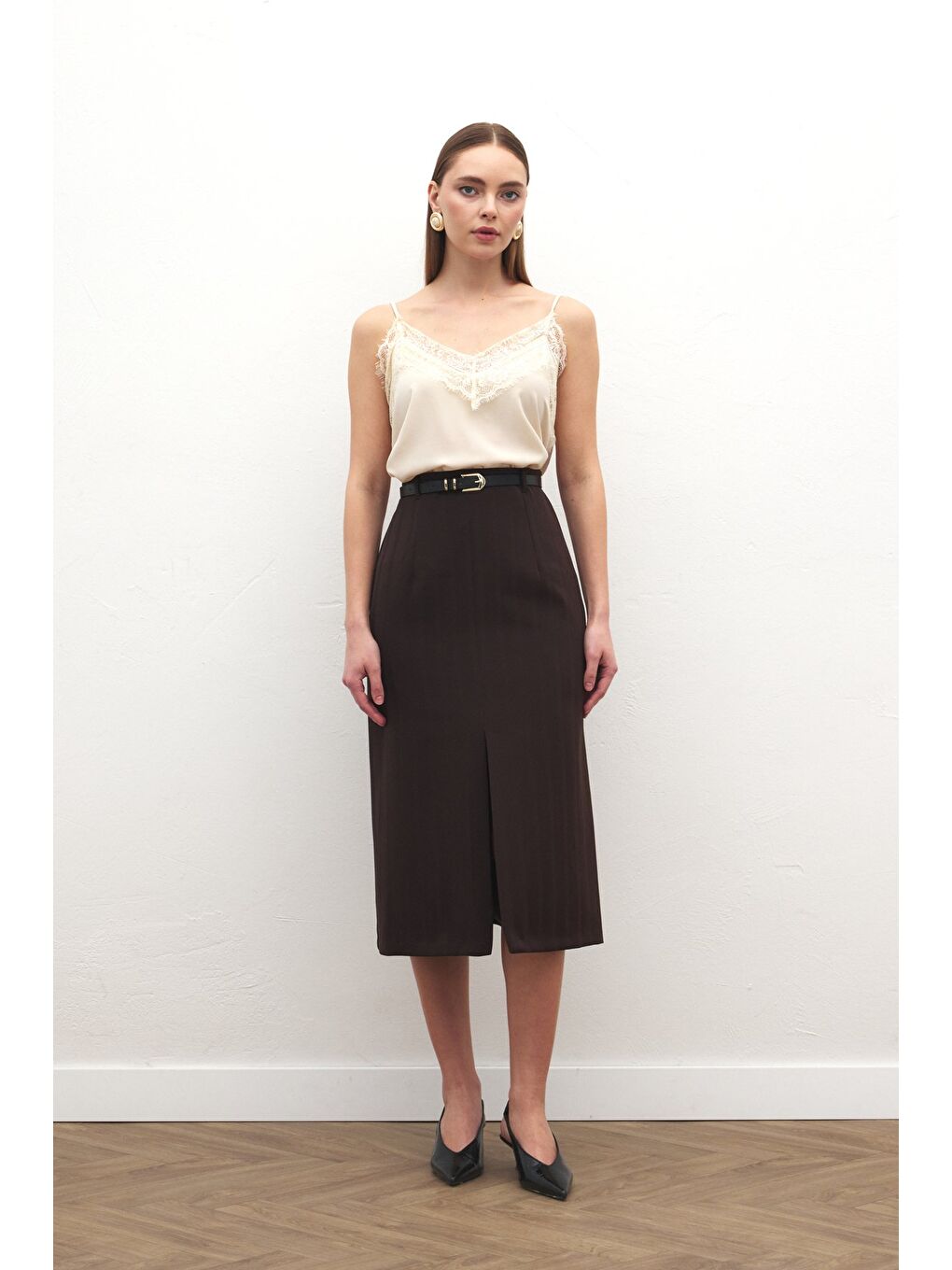 Kahverengi Anna Yırtmaçlı Etek - Kahve-3