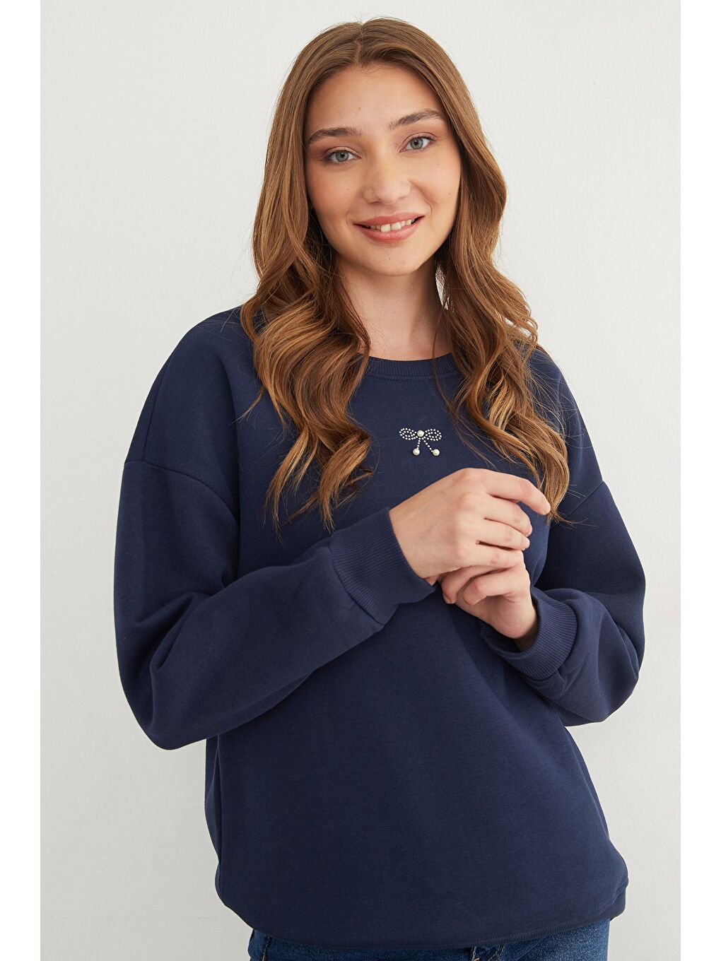 Lacivert 3 İplik Kurdele Taşlı İncili Sweatshirt-2