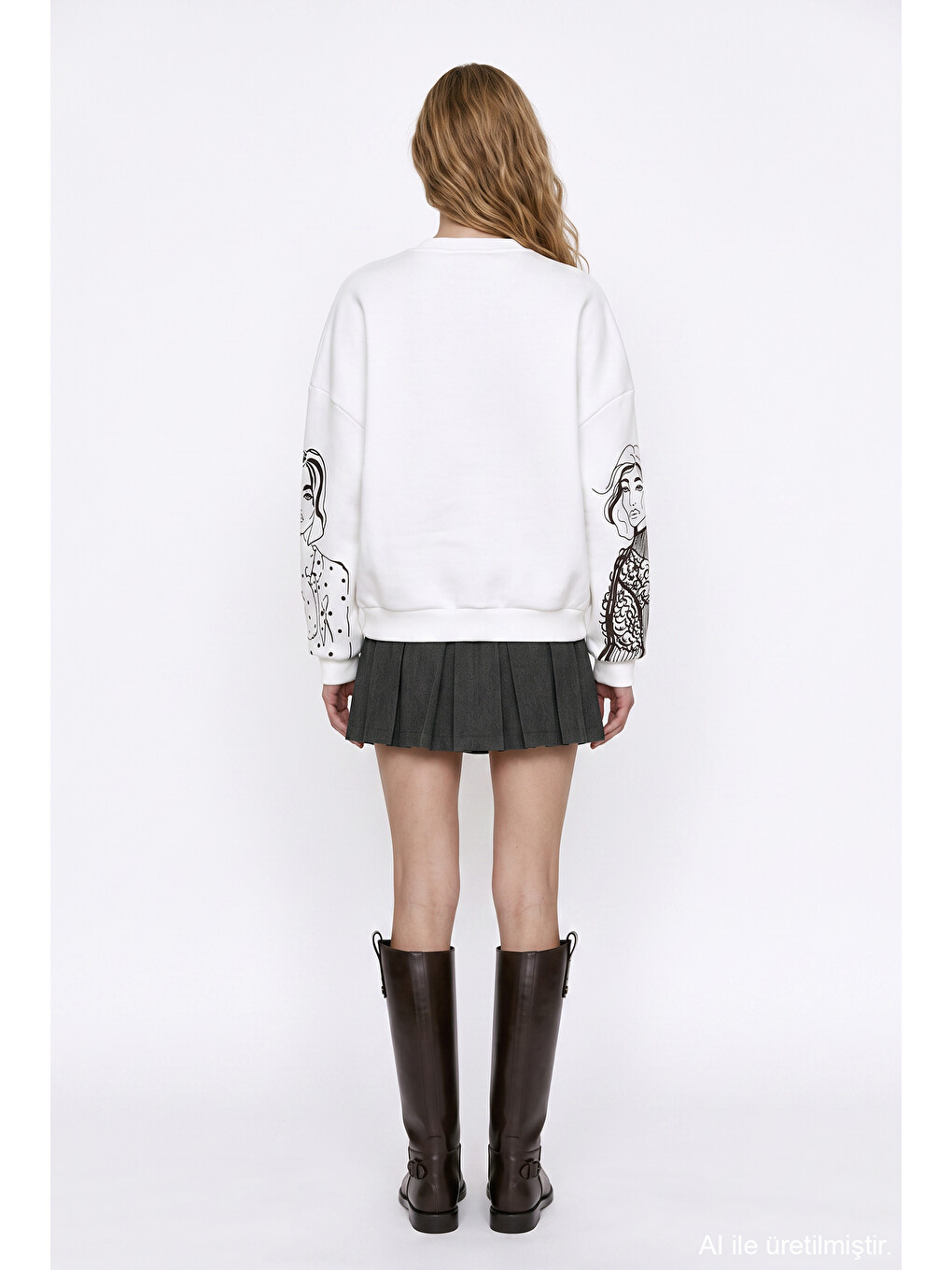 Portre Baskılı Bisiklet Yaka Sweatshirt Ekru-4