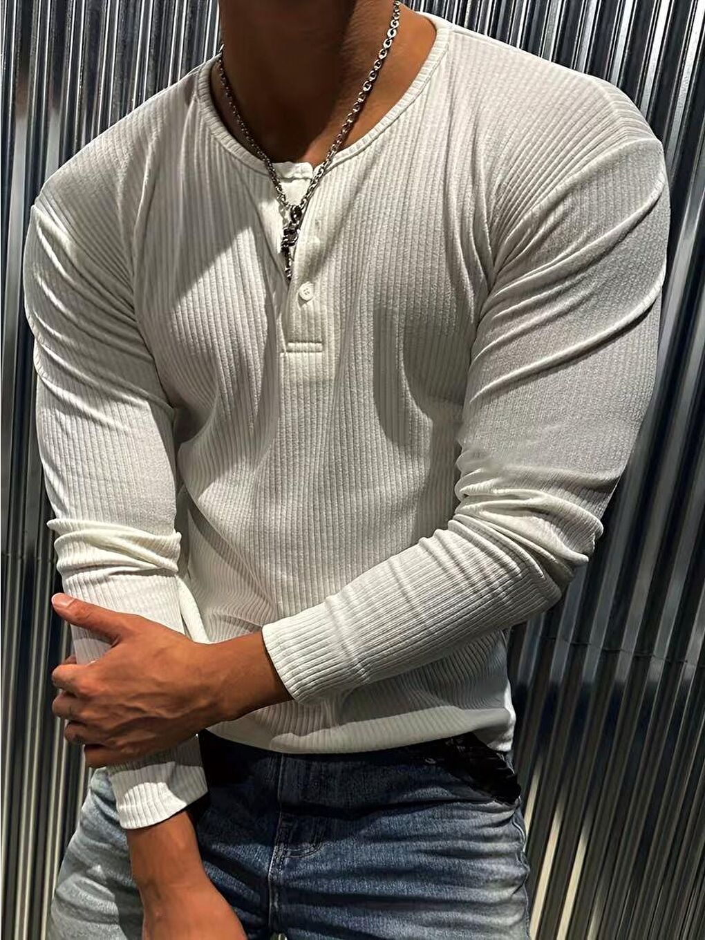 Beyaz Mecho Erkek Slim Fit Elastanlı Henley Yaka Uzun Kollu Tişört - Düğmeli Esnek Kumaş-1