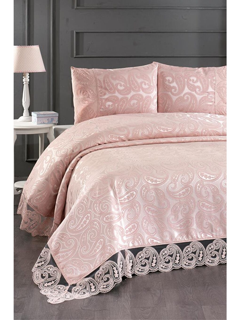 Pembe Şal 3 Parça Çift Kişilik Yatak Örtüsü Pudra