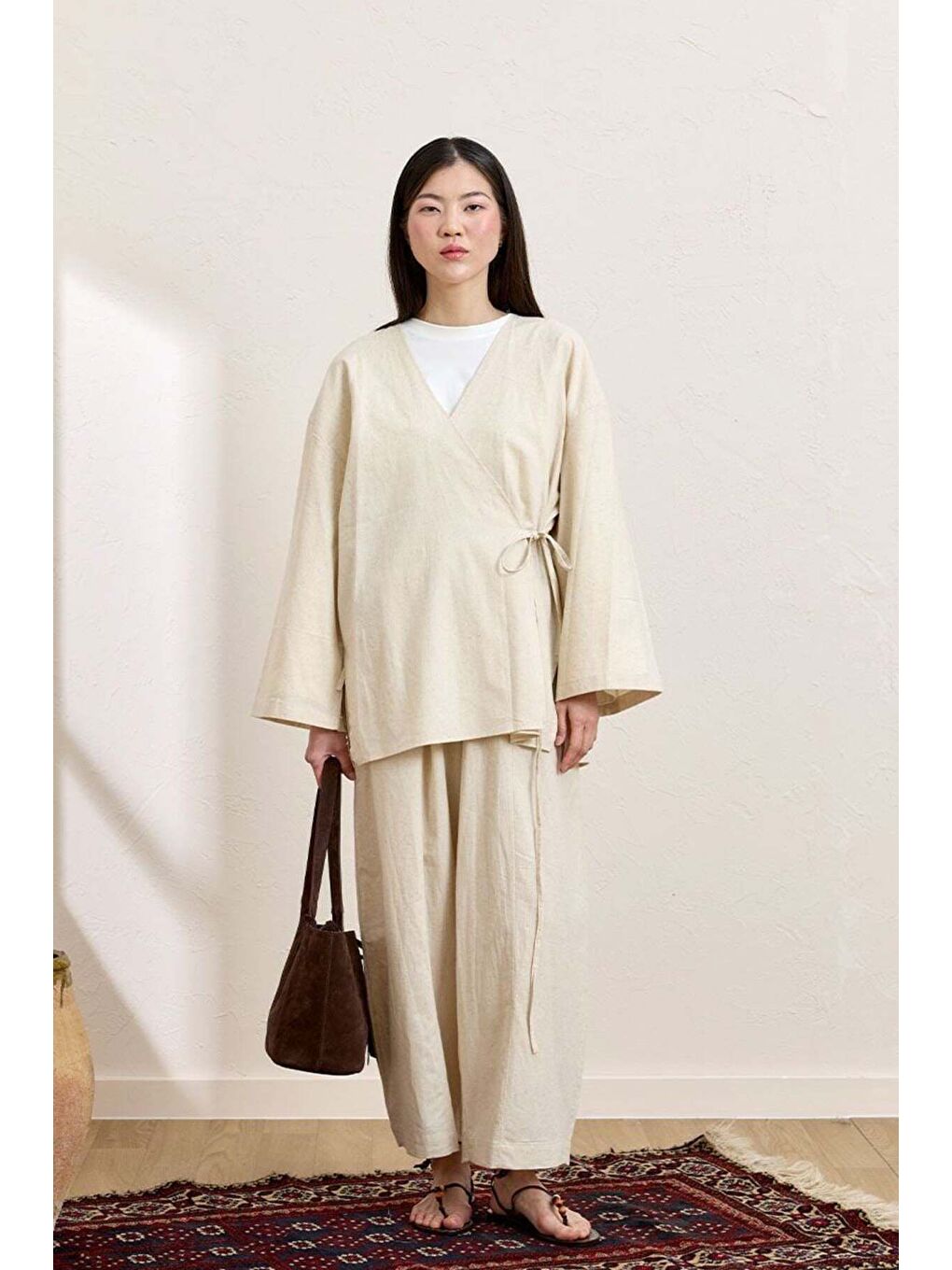 Ekru Krem Organik Keten Şalvar Pantolon-1