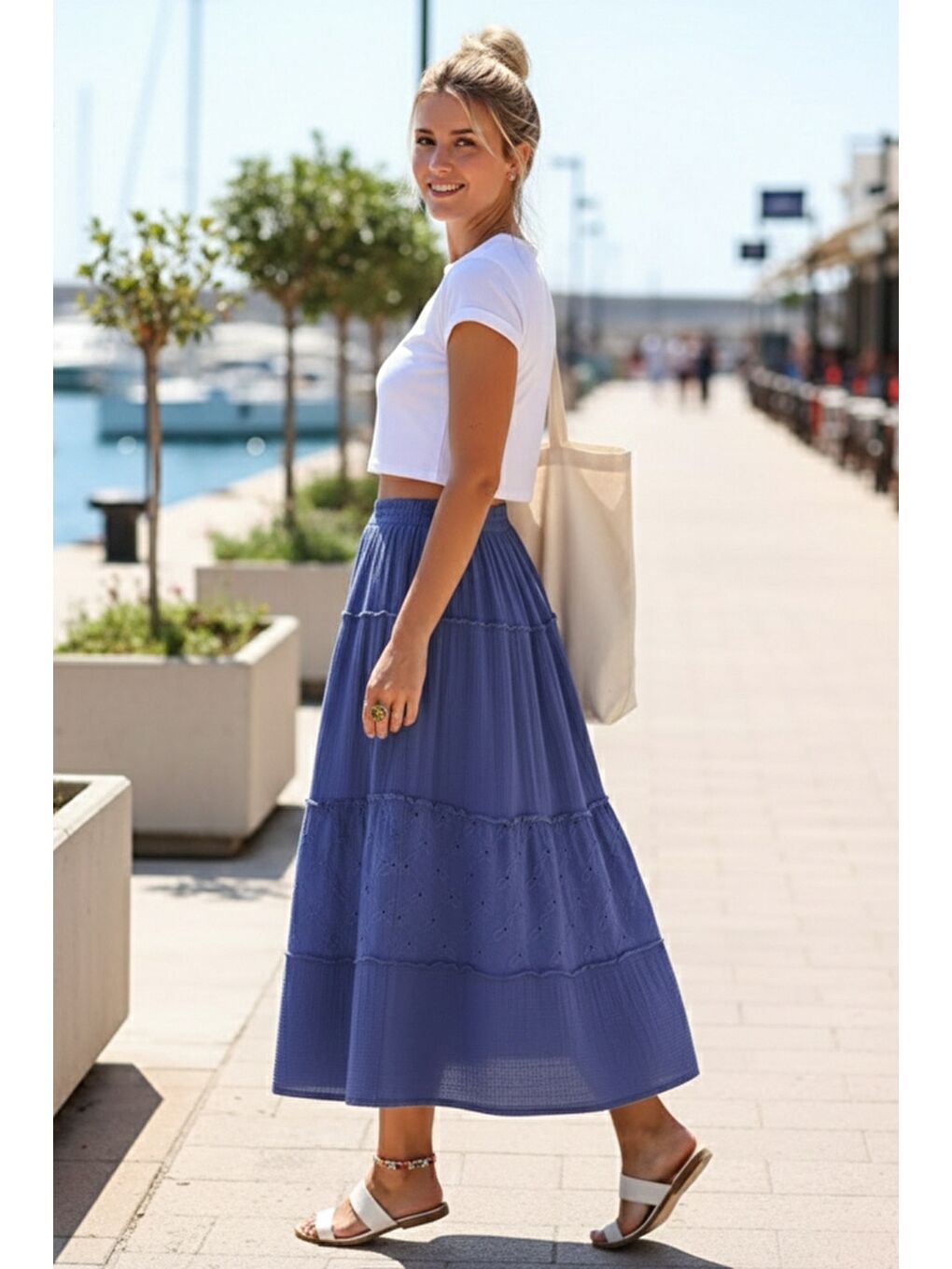 Saks Mavisi Eteği Fırfırlı Brodeli Lastikli Bel Casual Müslin Uzun Dokuma Etek 92 65-3