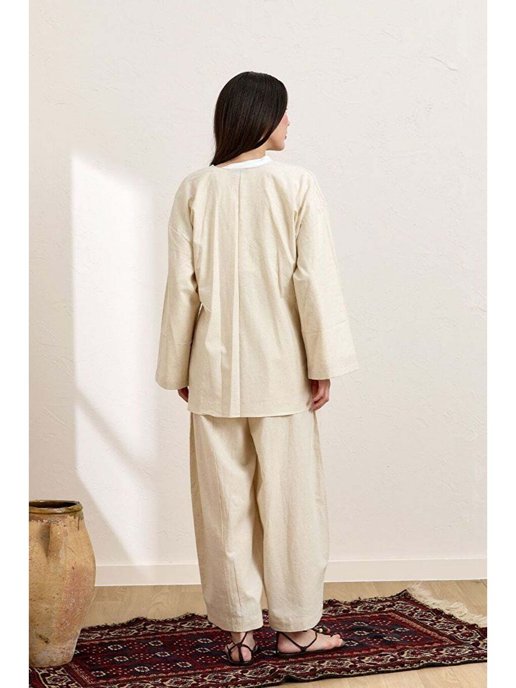 Ekru Krem Organik Keten Şalvar Pantolon-2