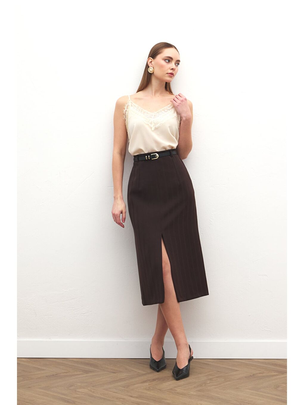 Kahverengi Anna Yırtmaçlı Etek - Kahve-4