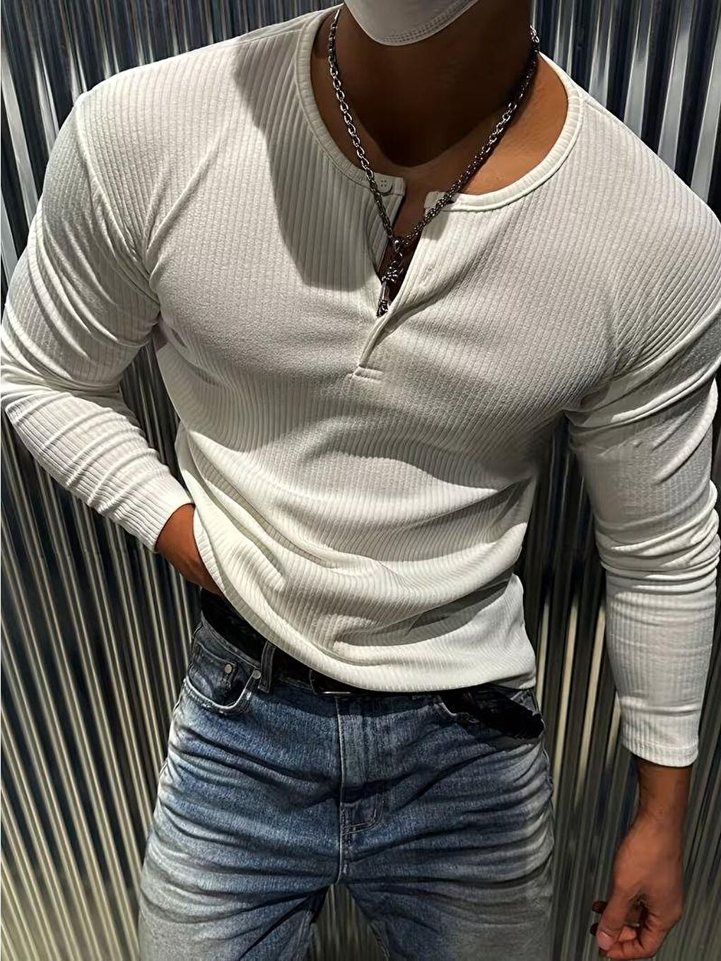 Beyaz Mecho Erkek Slim Fit Elastanlı Henley Yaka Uzun Kollu Tişört - Düğmeli Esnek Kumaş-2