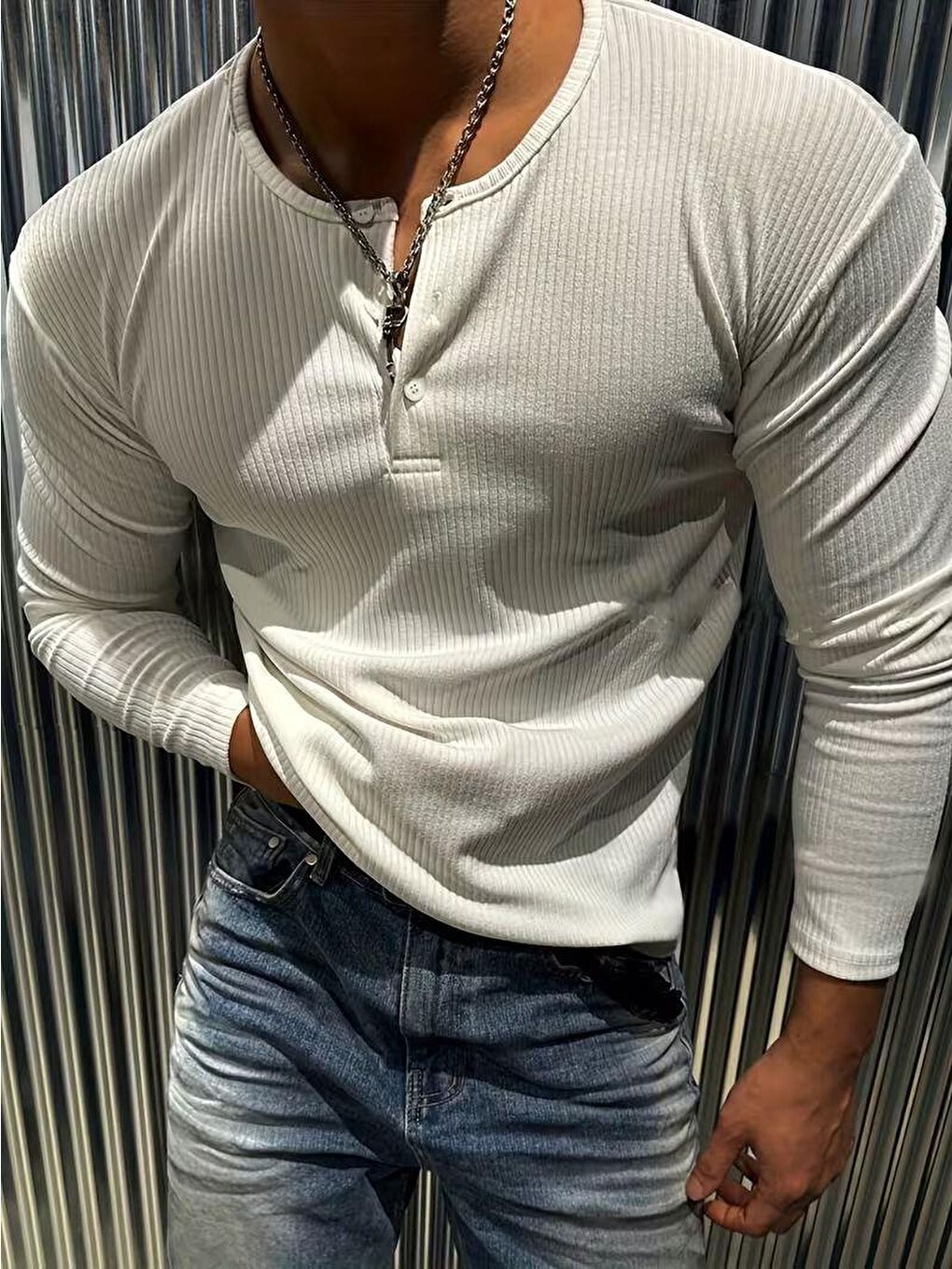 Beyaz Mecho Erkek Slim Fit Elastanlı Henley Yaka Uzun Kollu Tişört - Düğmeli Esnek Kumaş-3