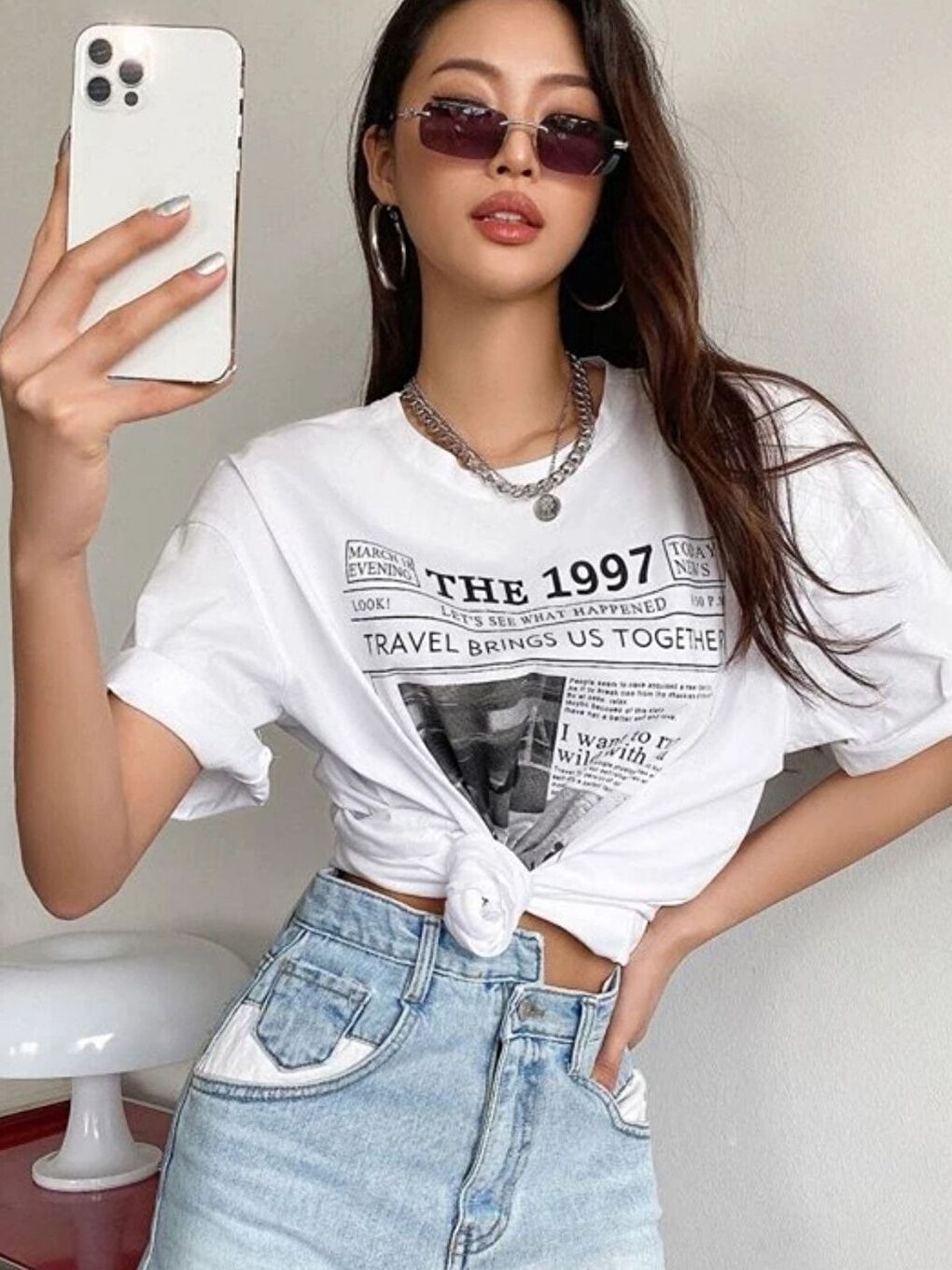 Beyaz Bisiklet Yaka 1997 Baskılı Oversize Tişört-1