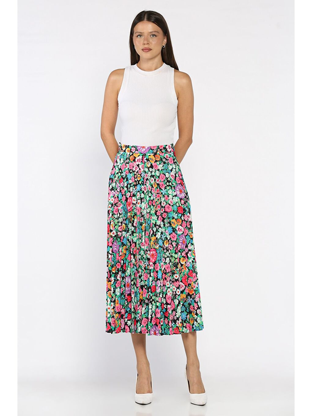 Karışık Çiçek Desenli Pileli Etek-1