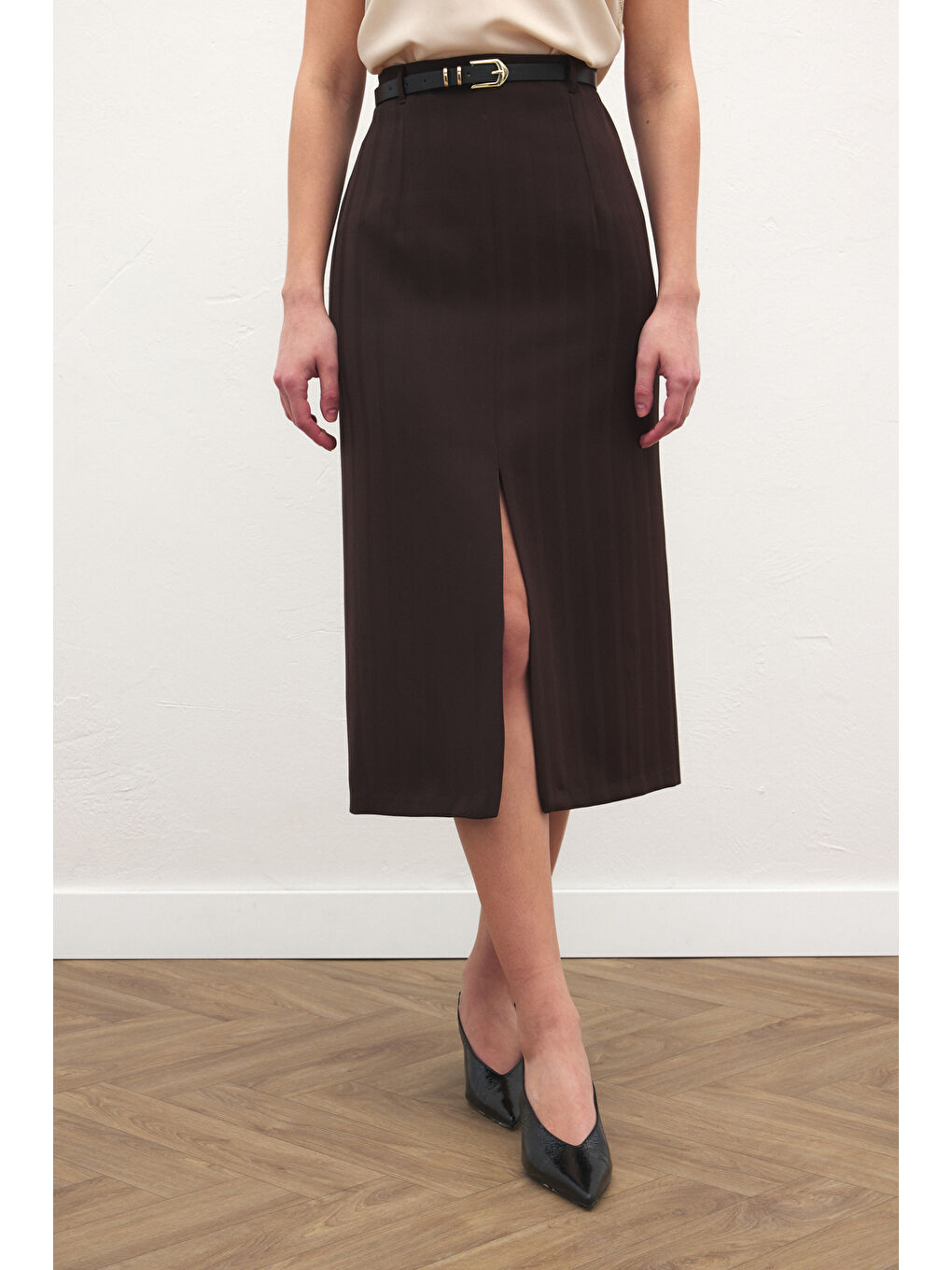 Kahverengi Anna Yırtmaçlı Etek - Kahve-6