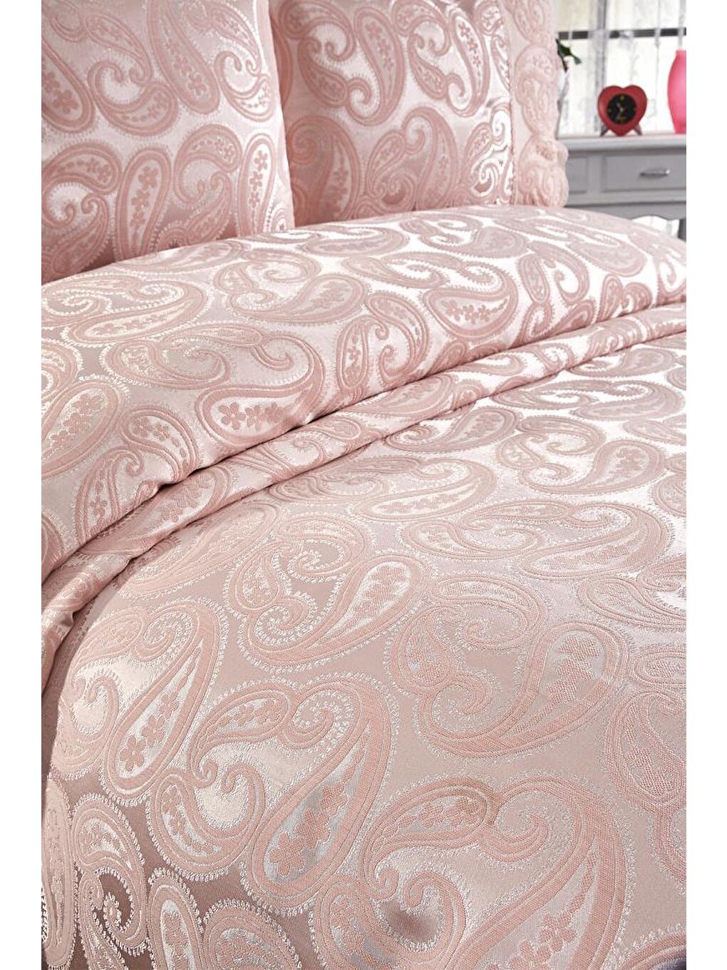 Pembe Şal 3 Parça Çift Kişilik Yatak Örtüsü Pudra-1