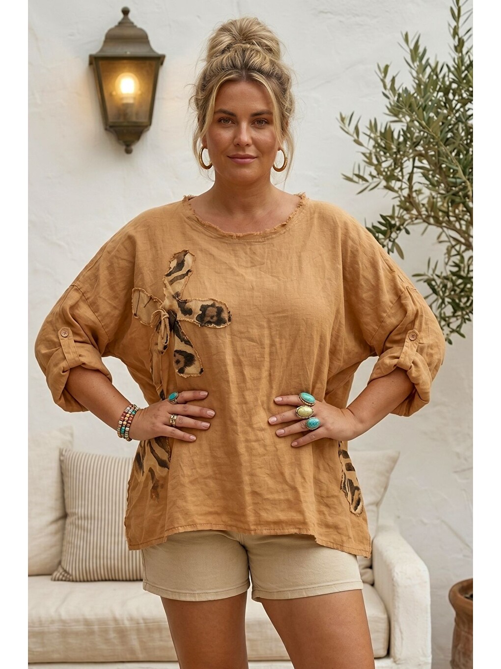 Kahverengi İtalyan Camel Havuz Yaka 3/4 Kol Yıkamalı Aplikeli Casual 100% Keten Oversize Dokuma Bluz 80 74-1