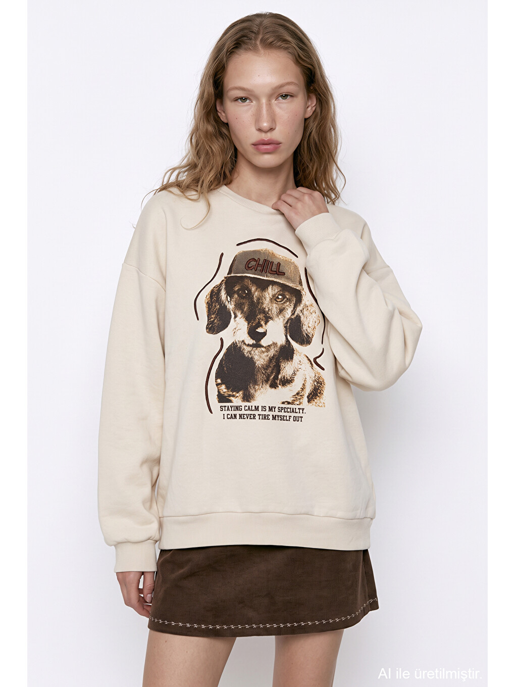 Chill Köpek Baskılı Oversize Sweatshirt Bej