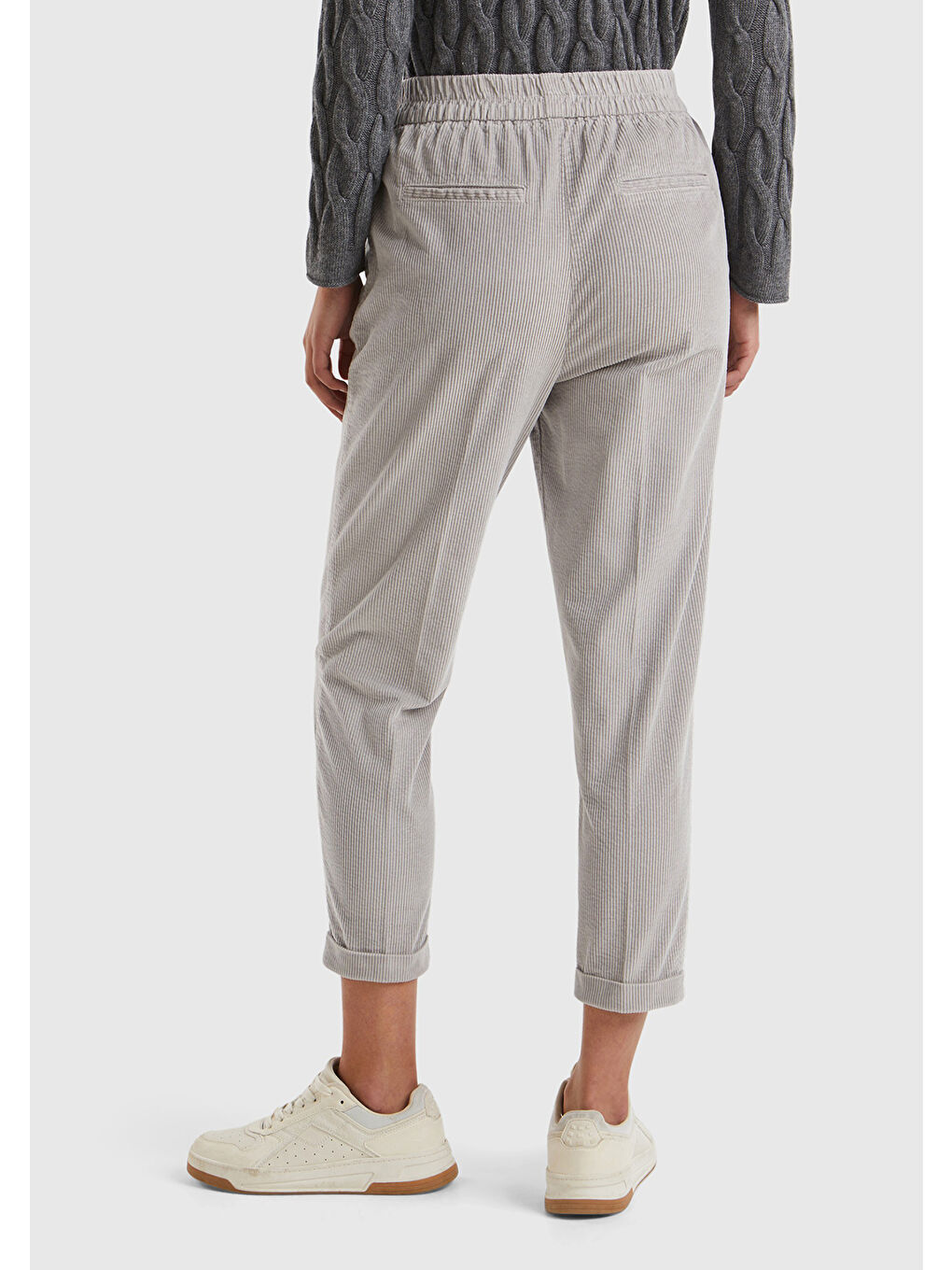 Kadın Açık Bej Beli Lastikli Kadife Pantolon-1