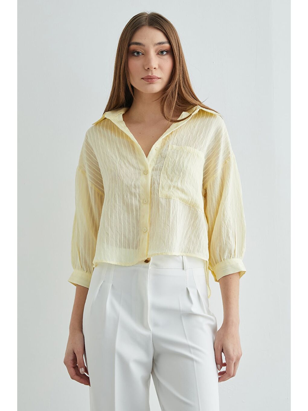 Sarı Çizgili Jakarlı Tek Cepli Gömlek