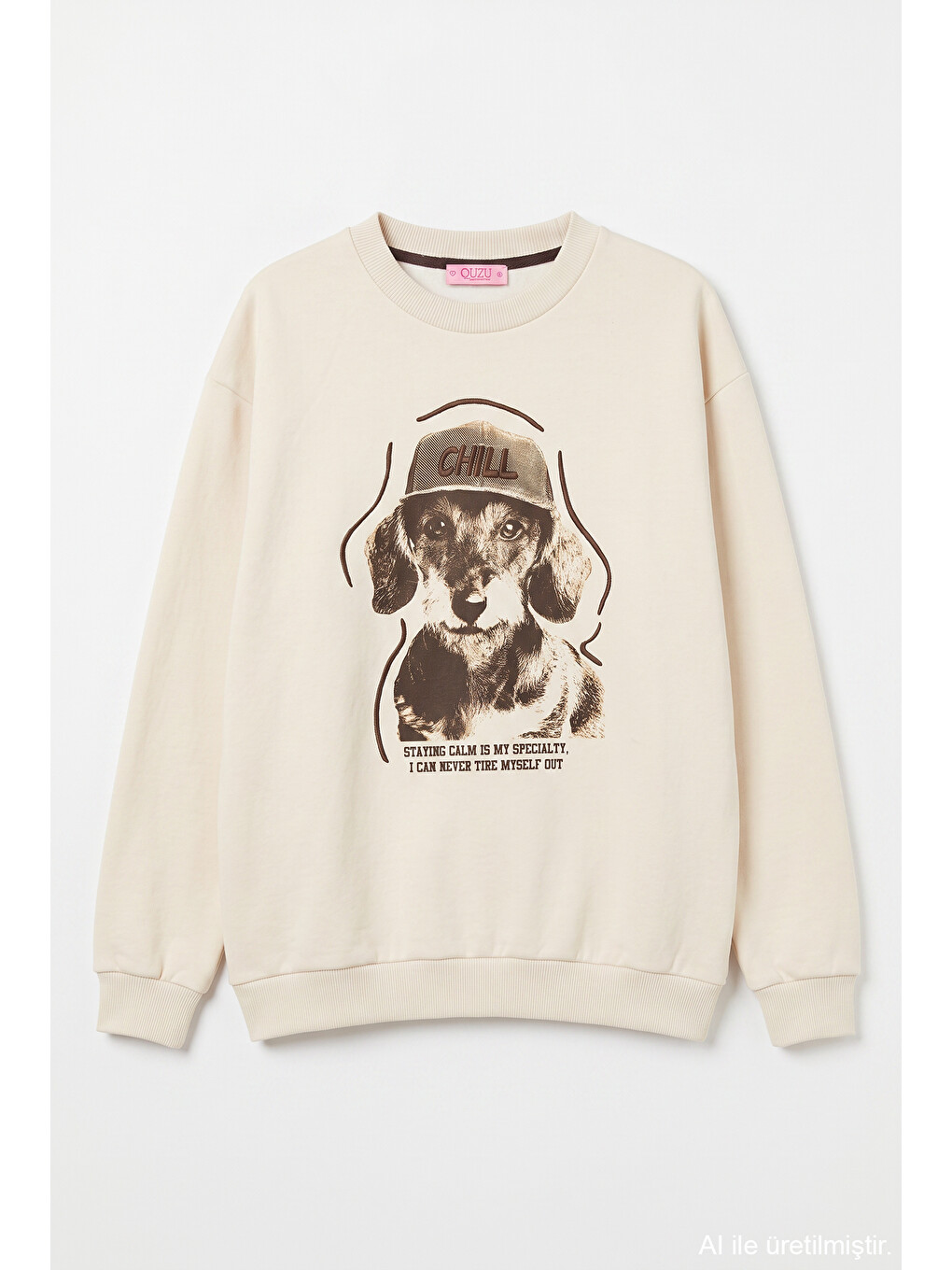 Chill Köpek Baskılı Oversize Sweatshirt Bej-1