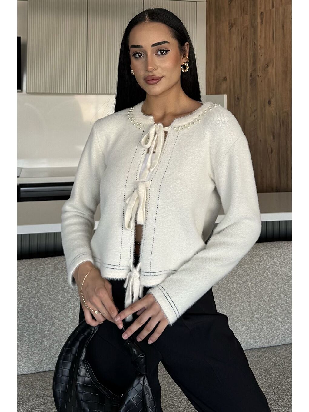 Ekru Kadın Ön Bağlamalı İnci Detaylı Yumoş Triko Ceket (s-m-l Uyumludur)-1