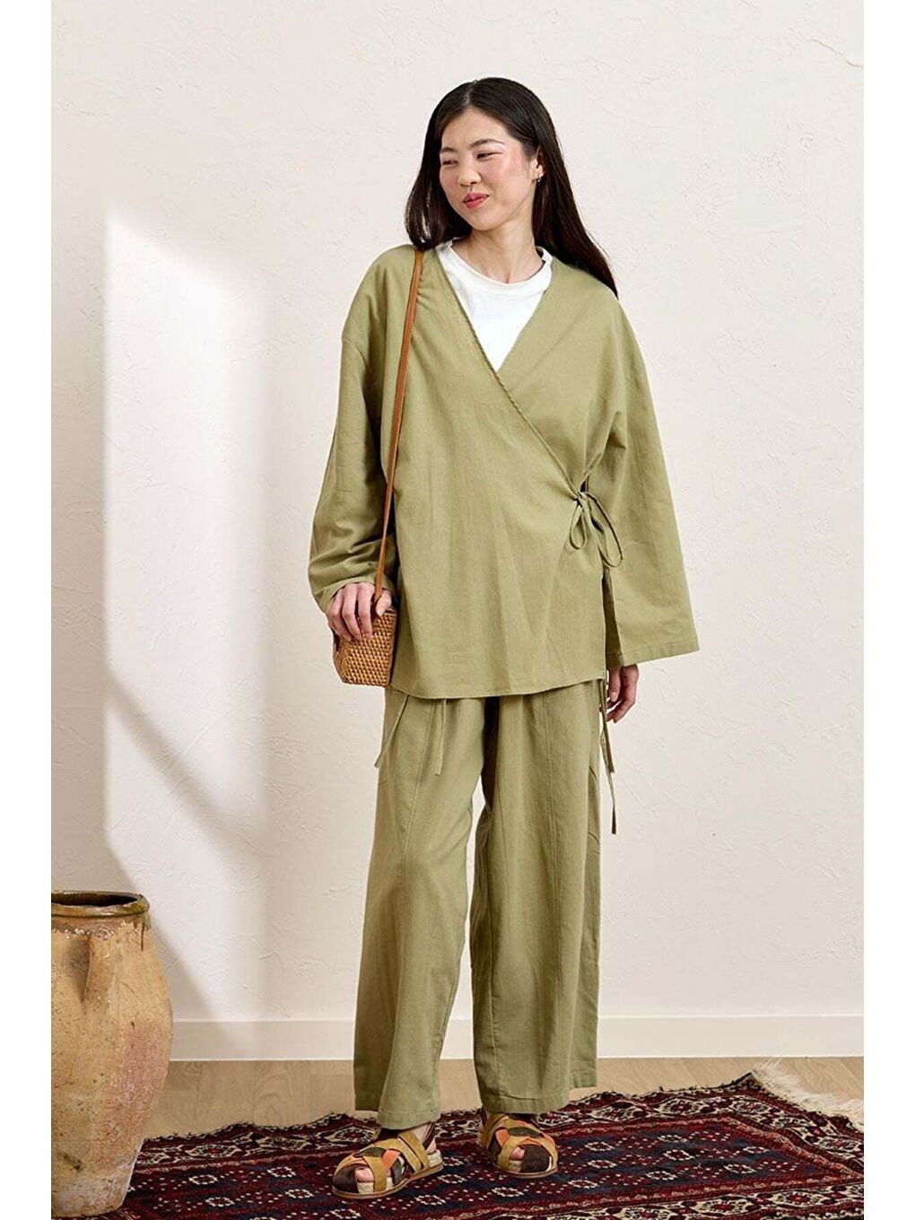 Haki Organik Keten Şalvar Pantolon
