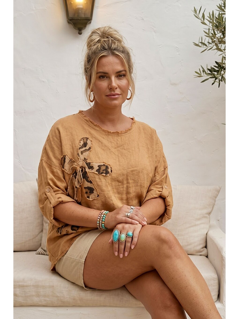 Kahverengi İtalyan Camel Havuz Yaka 3/4 Kol Yıkamalı Aplikeli Casual 100% Keten Oversize Dokuma Bluz 80 74-6