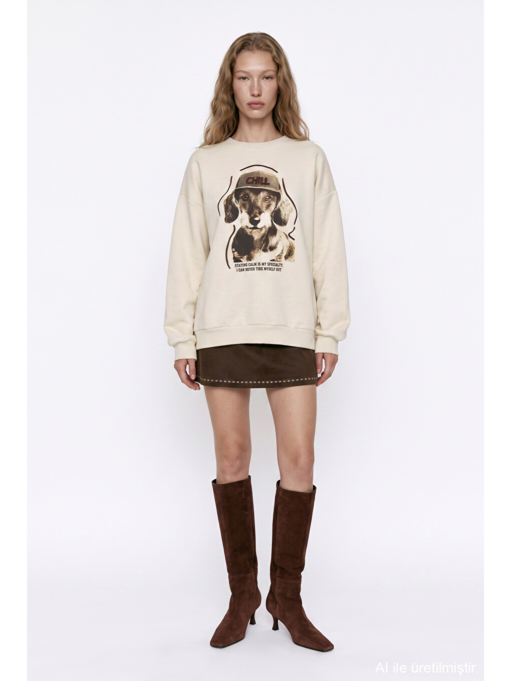 Chill Köpek Baskılı Oversize Sweatshirt Bej-2