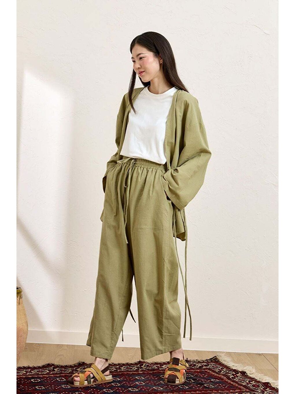 Haki Organik Keten Şalvar Pantolon-1