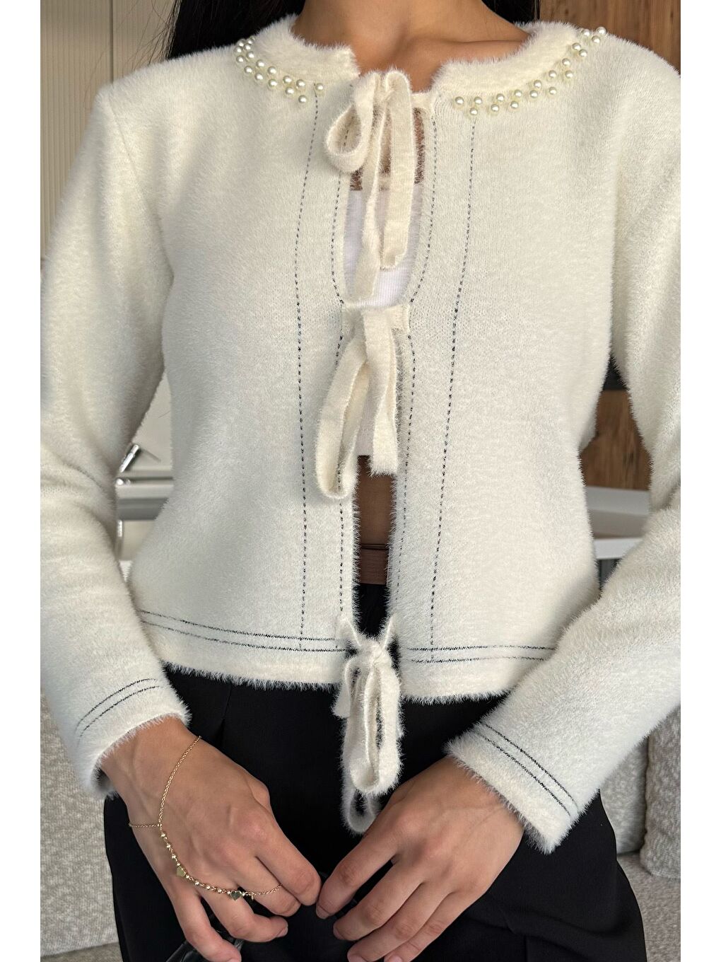 Ekru Kadın Ön Bağlamalı İnci Detaylı Yumoş Triko Ceket (s-m-l Uyumludur)-2