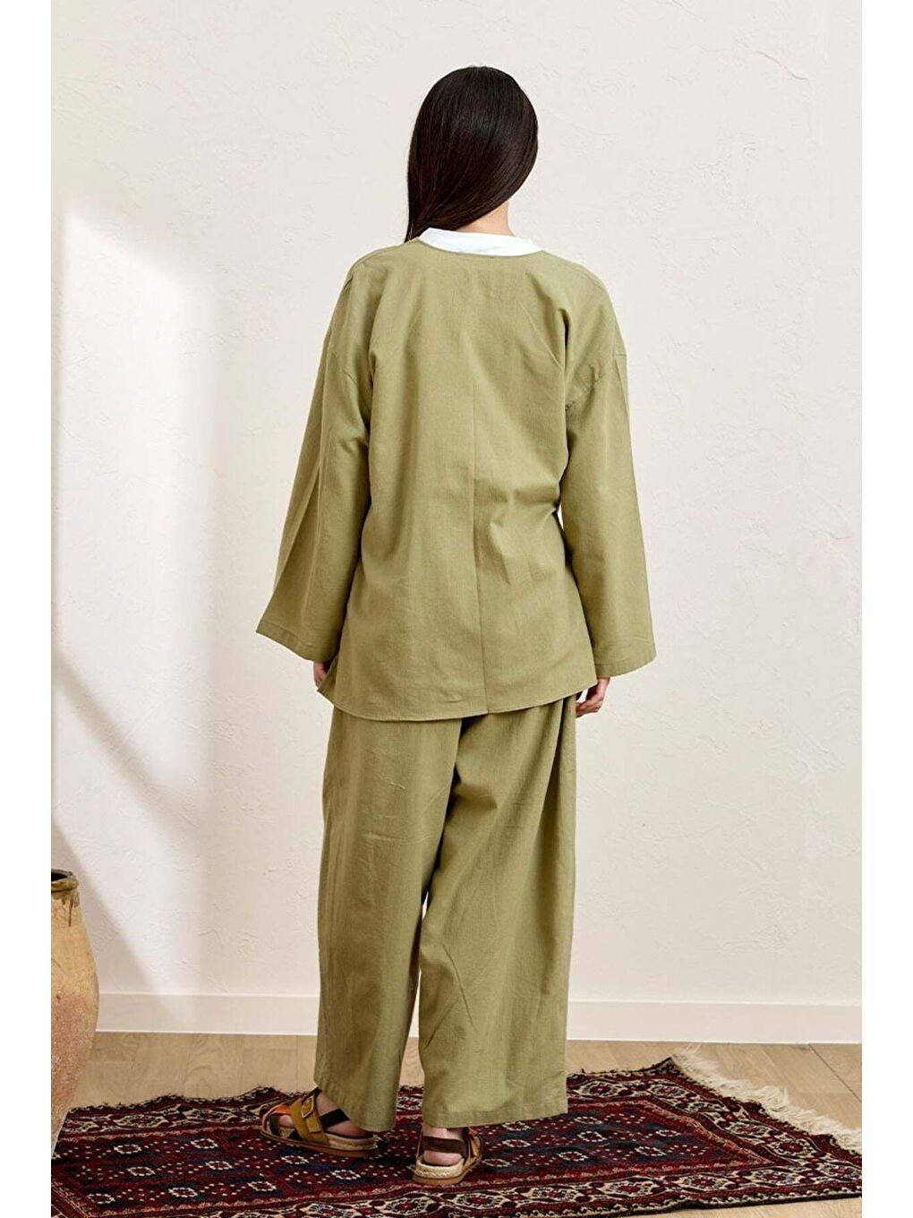 Haki Organik Keten Şalvar Pantolon-2