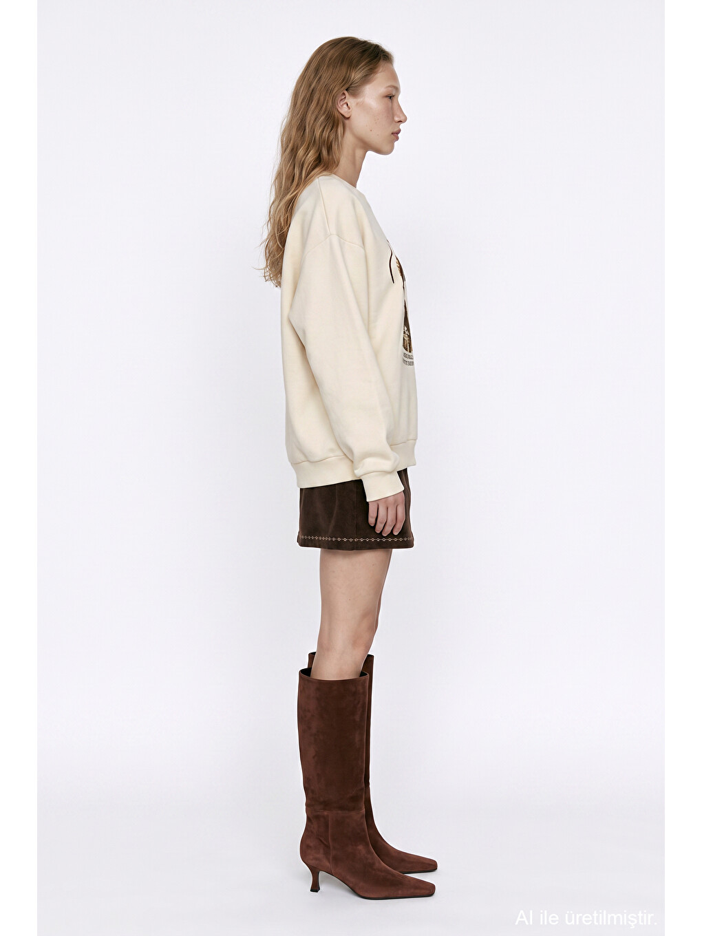 Chill Köpek Baskılı Oversize Sweatshirt Bej-3