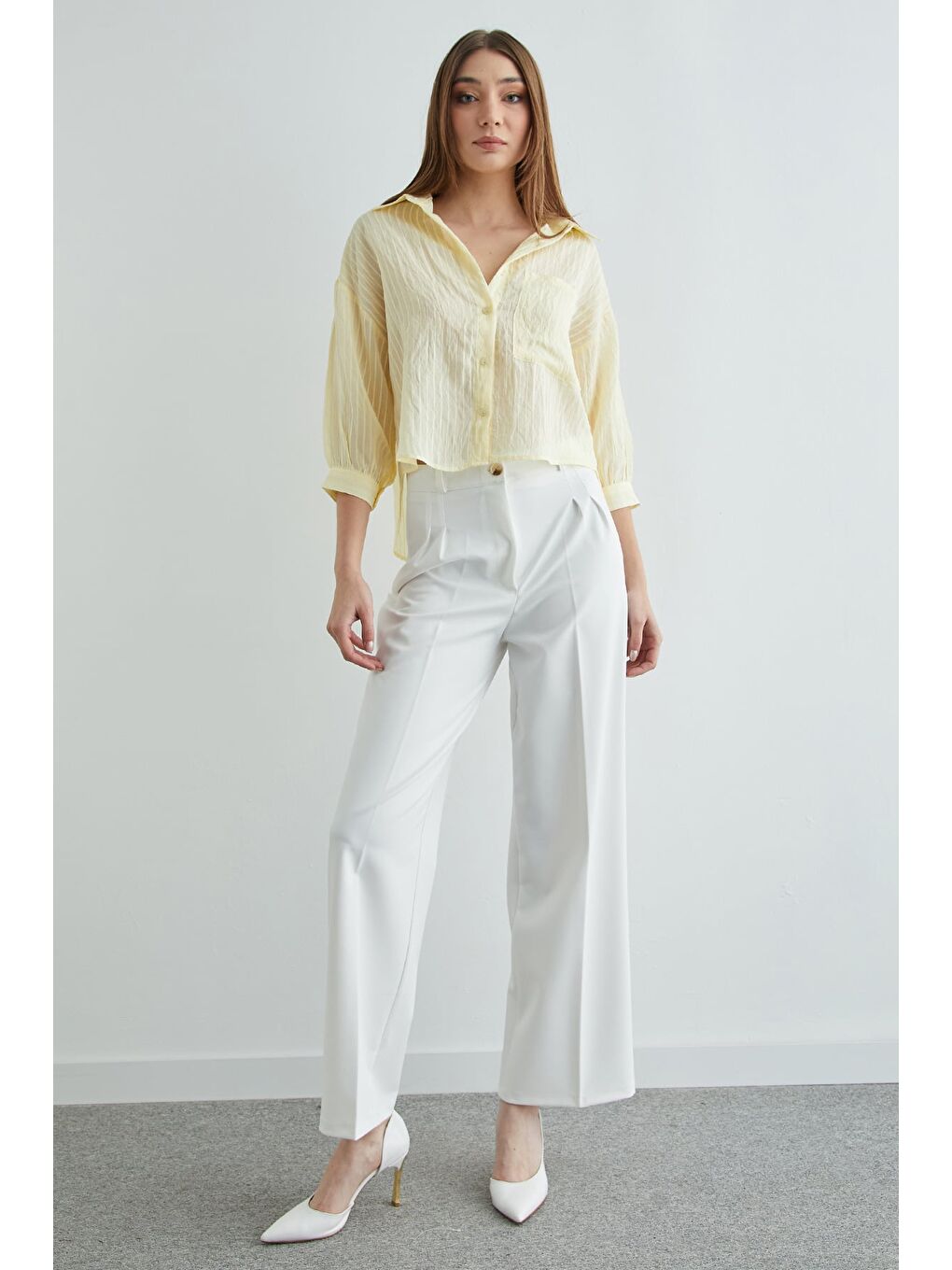 Sarı Çizgili Jakarlı Tek Cepli Gömlek-2