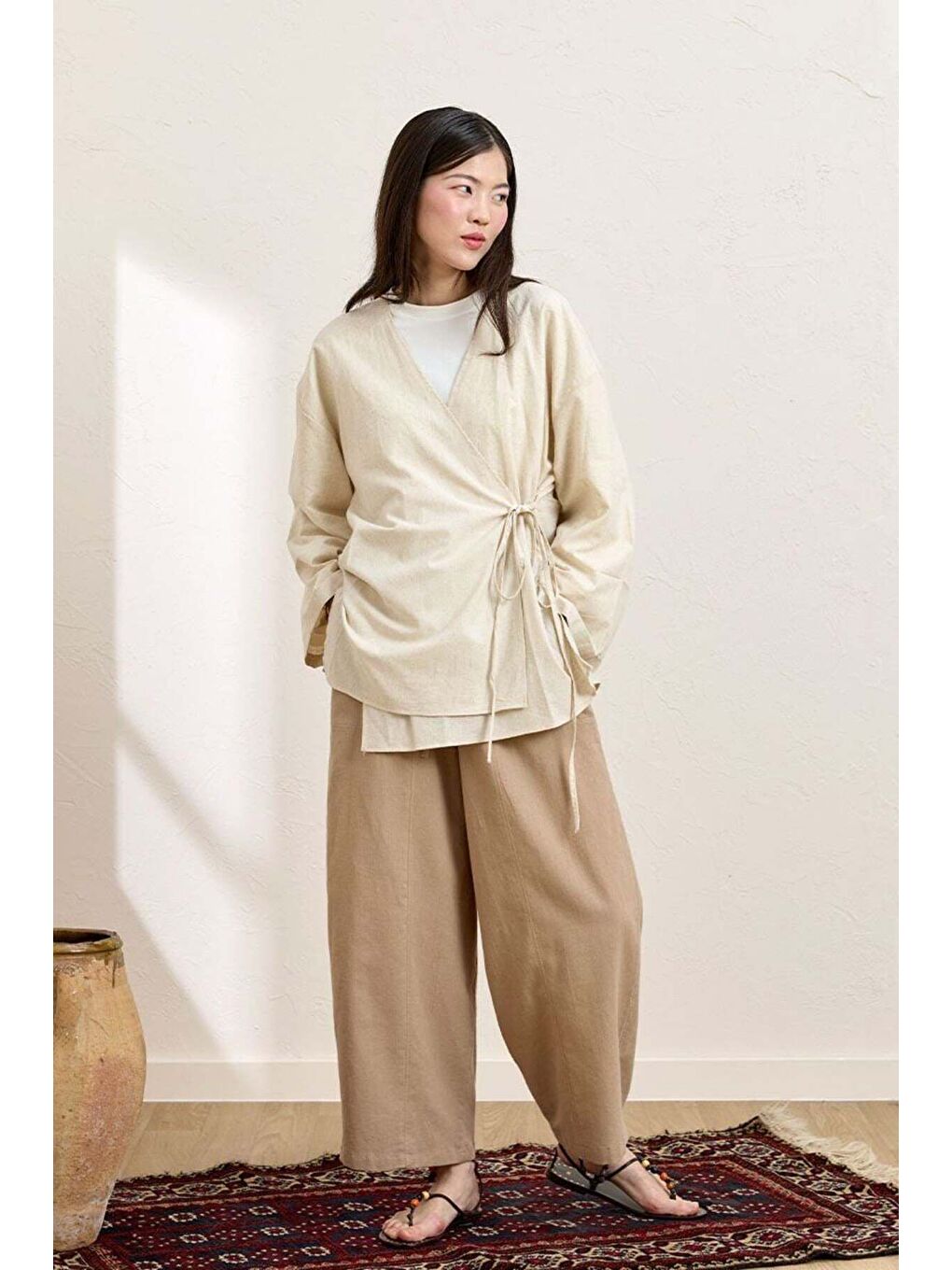 Bej Karamel Organik Keten Şalvar Pantolon