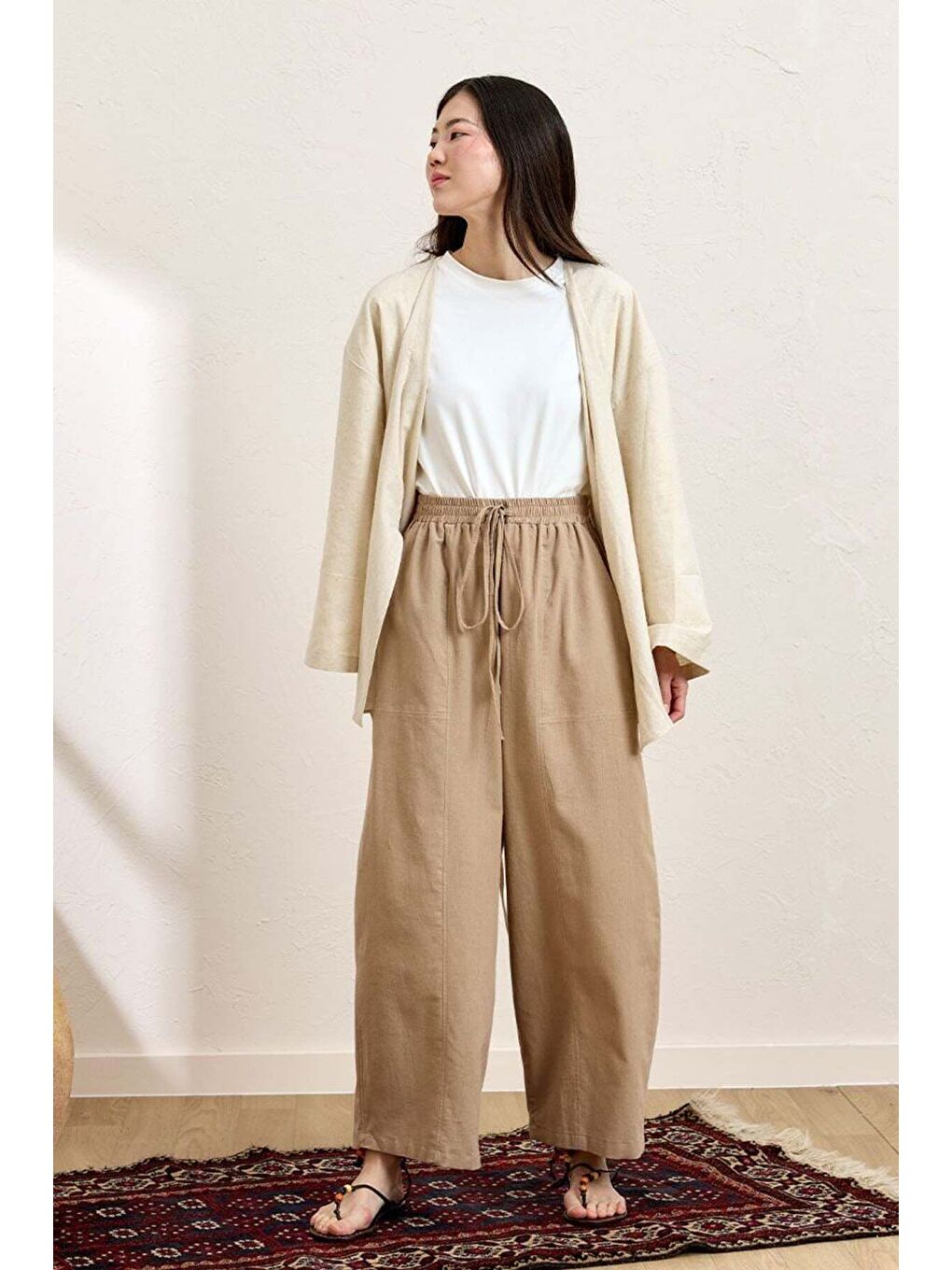 Bej Karamel Organik Keten Şalvar Pantolon-1