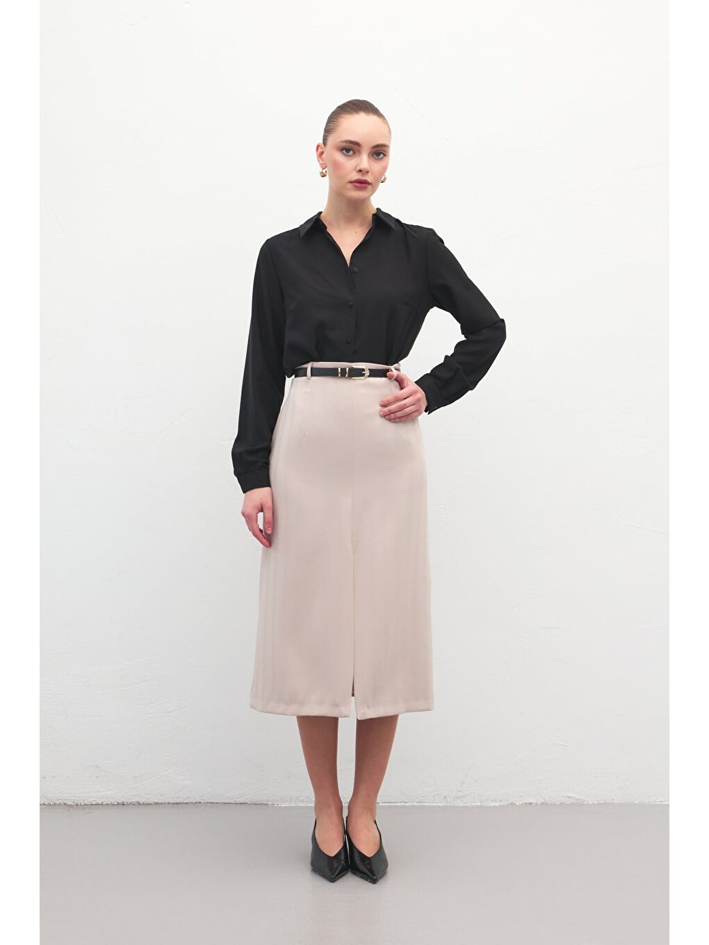 Anna Yırtmaçlı Etek - Bej-1