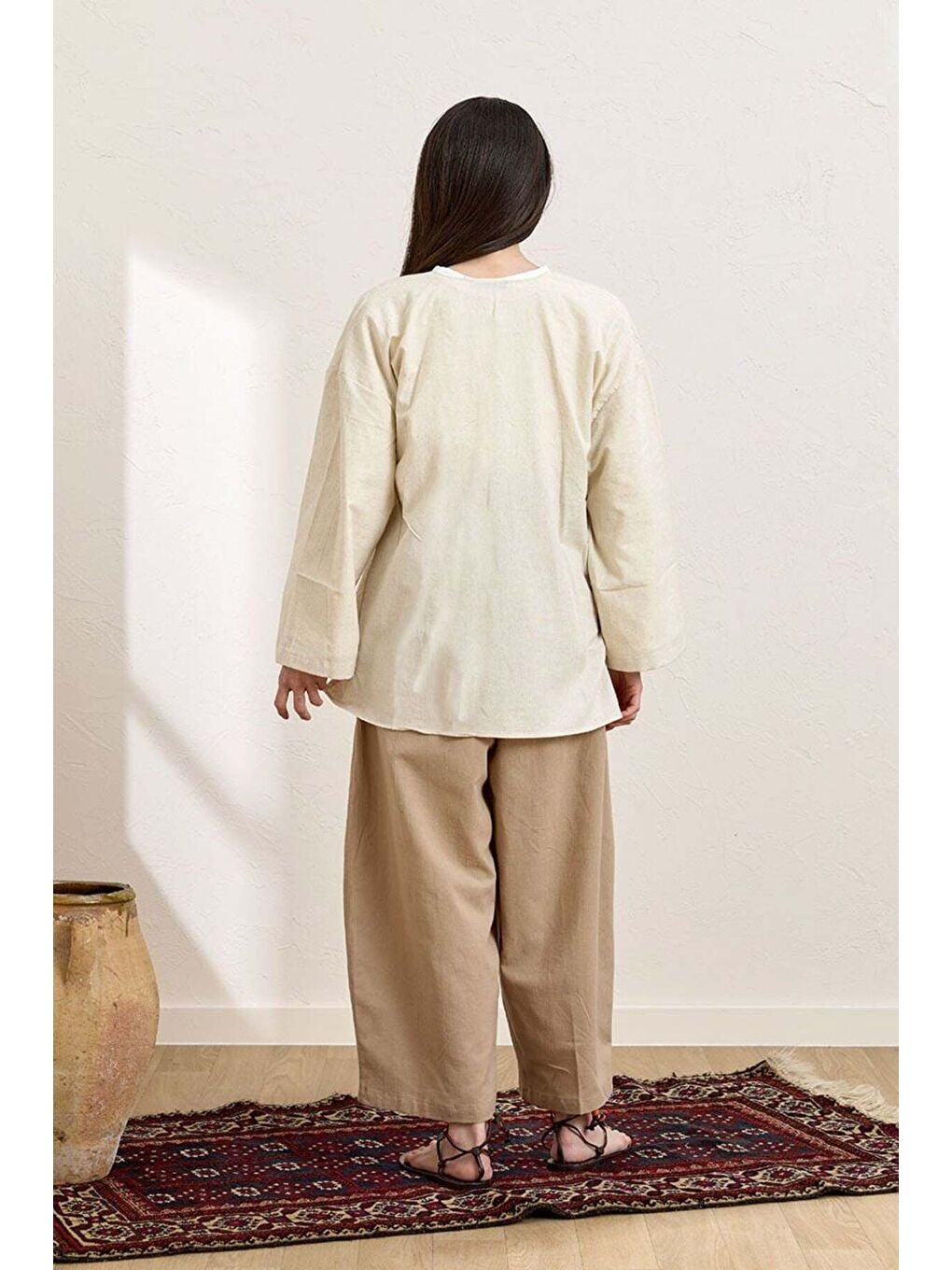 Bej Karamel Organik Keten Şalvar Pantolon-2