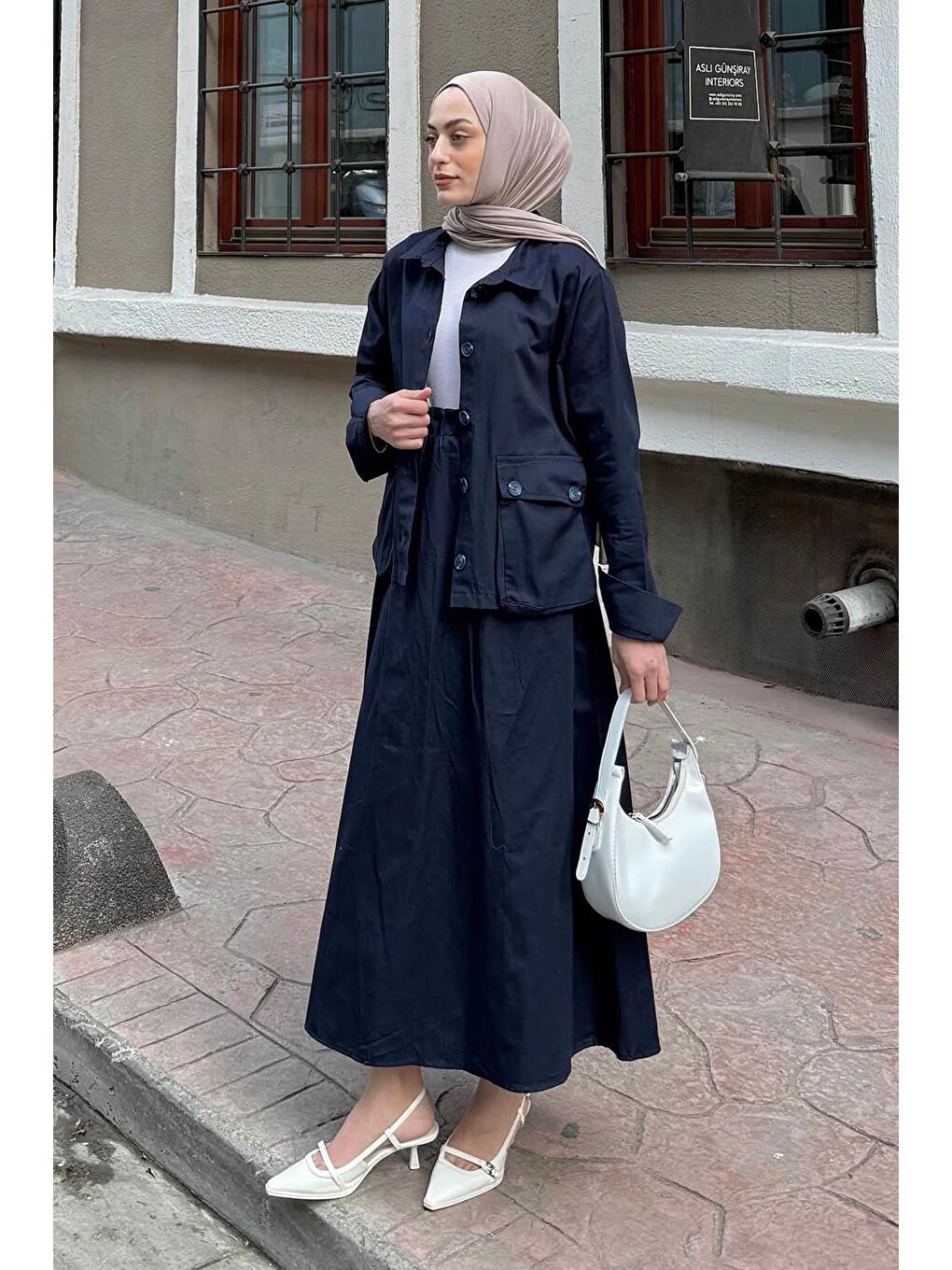 Cep Detaylı İkili Etek Tesettür Takım Lacivert-1