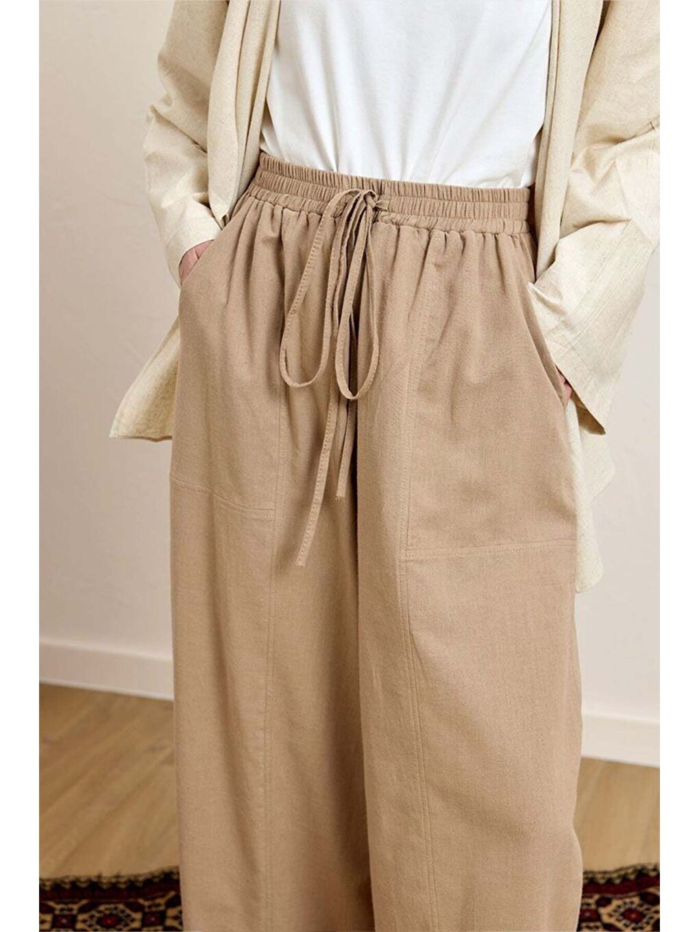 Bej Karamel Organik Keten Şalvar Pantolon-3