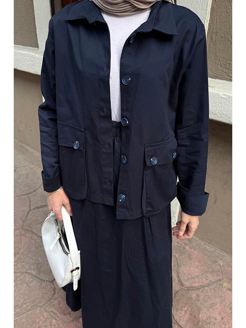 Cep Detaylı İkili Etek Tesettür Takım Lacivert-2