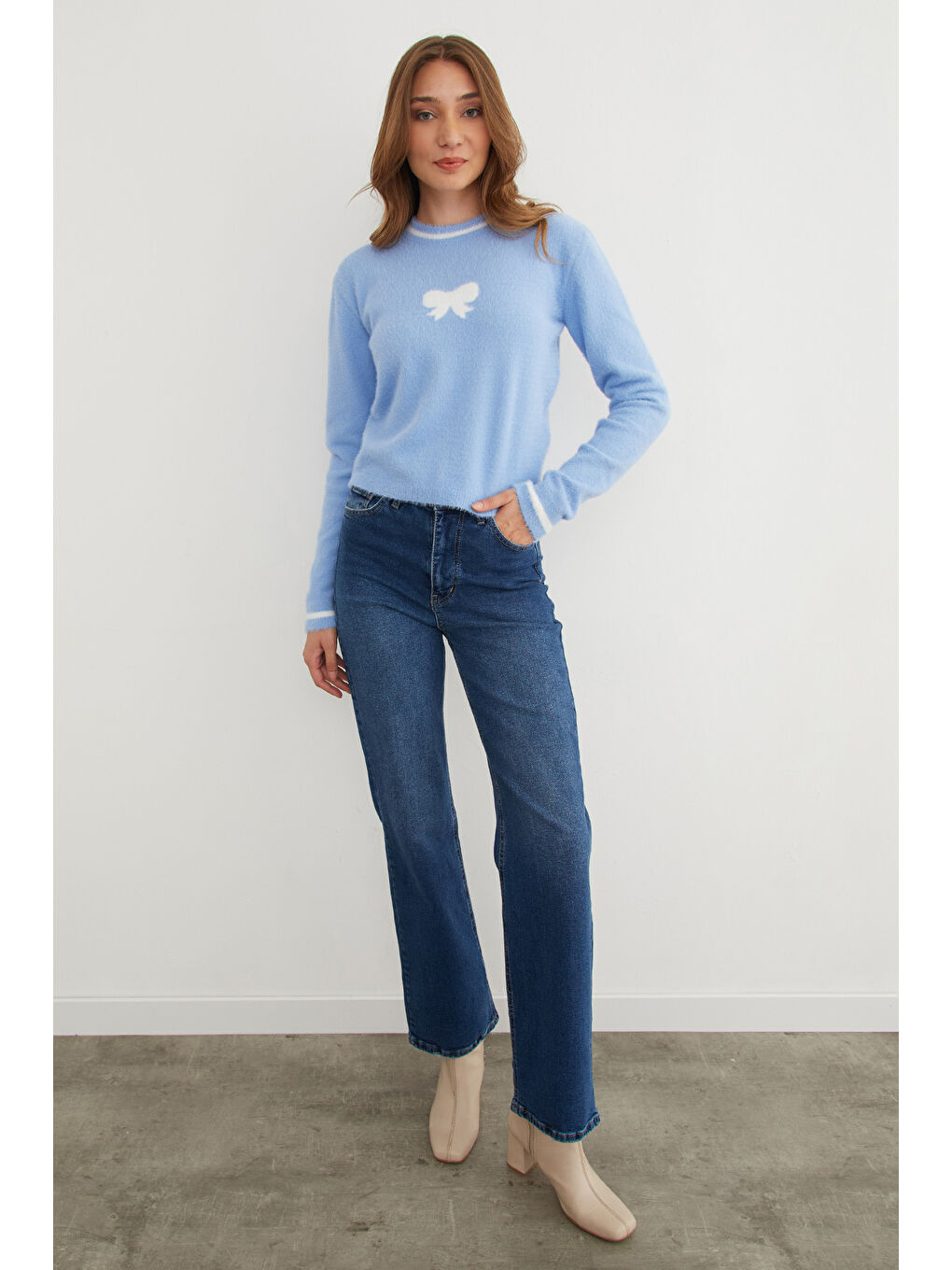 Mavi Kurdele Desenli Bisiklet Yaka Sakallı Kazak-2