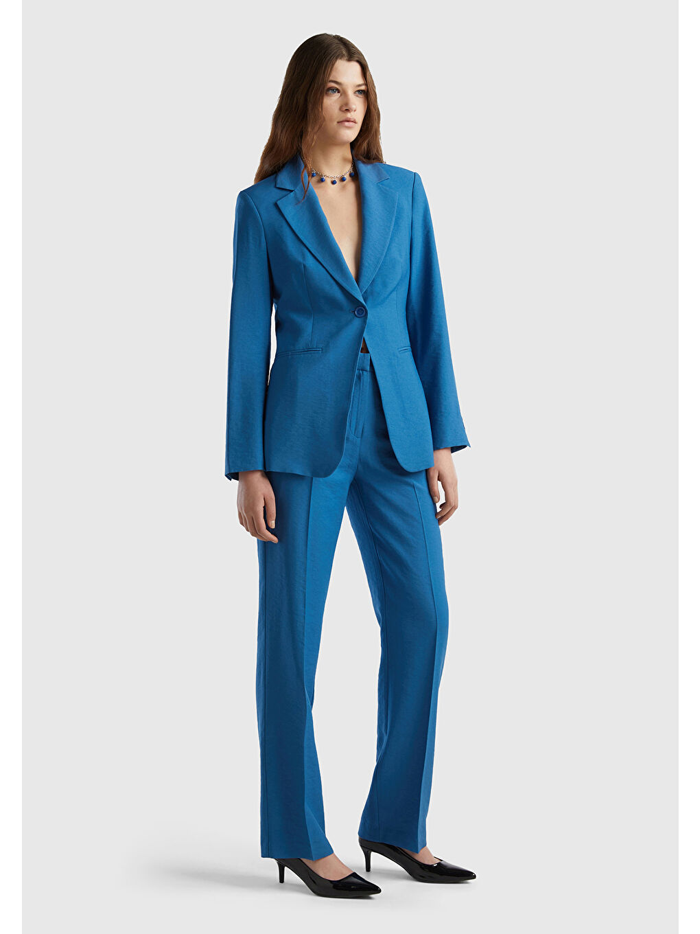 Kadın Koyu Mavi Viskoz Karışımlı Slim Fit Blazer Ceket-4