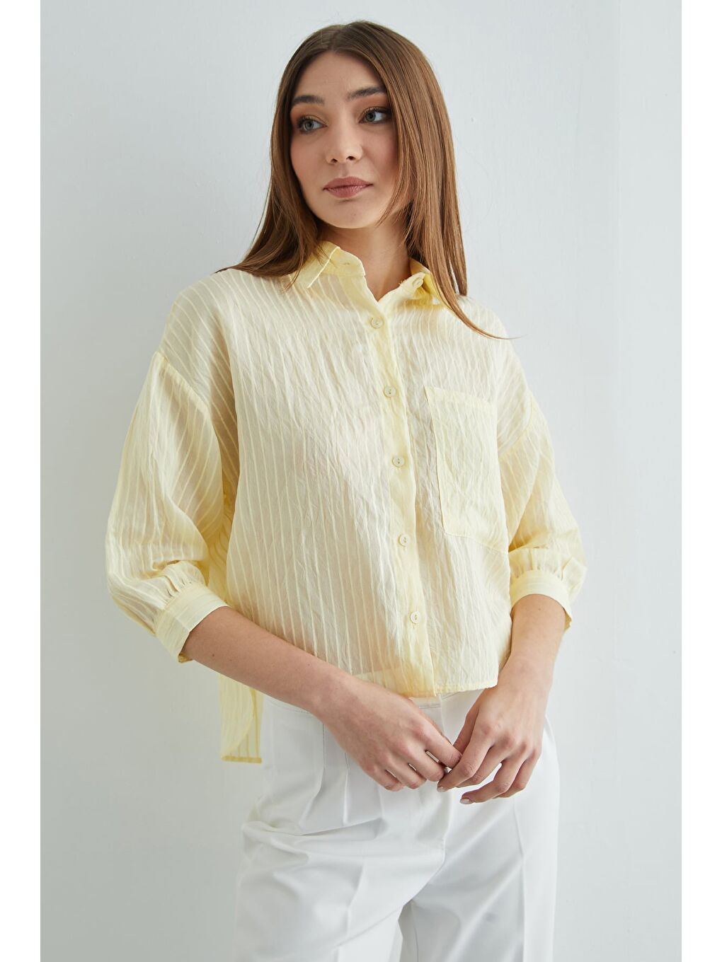Sarı Çizgili Jakarlı Tek Cepli Gömlek-4