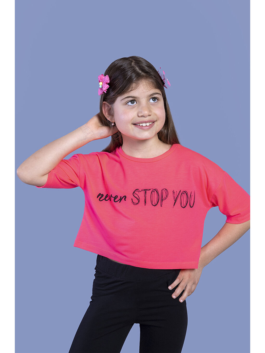 Fuşya Kız Çocuk Baskılı Düşük Kol Crop Tişört