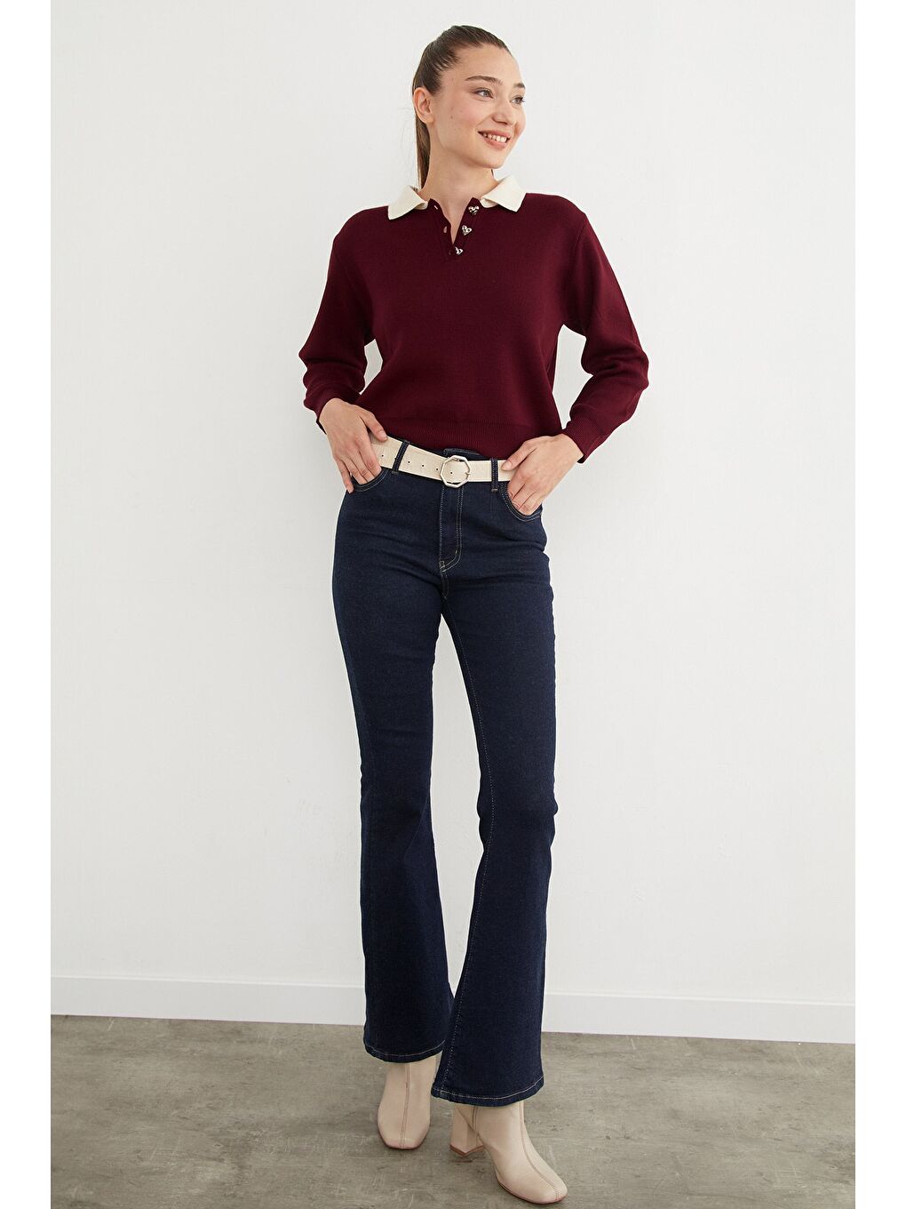 Bordo Basic Gömlek Yaka Yarım Düğmeli Triko Kazak-1