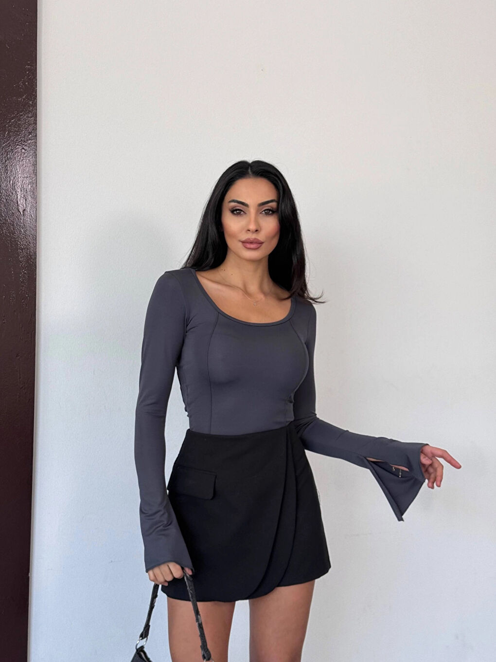 Kadın Antrasit Uzun Kollu Arkası Bağlamalı Fit Kesim Crop Bluz HZL25W-FRY122771-2