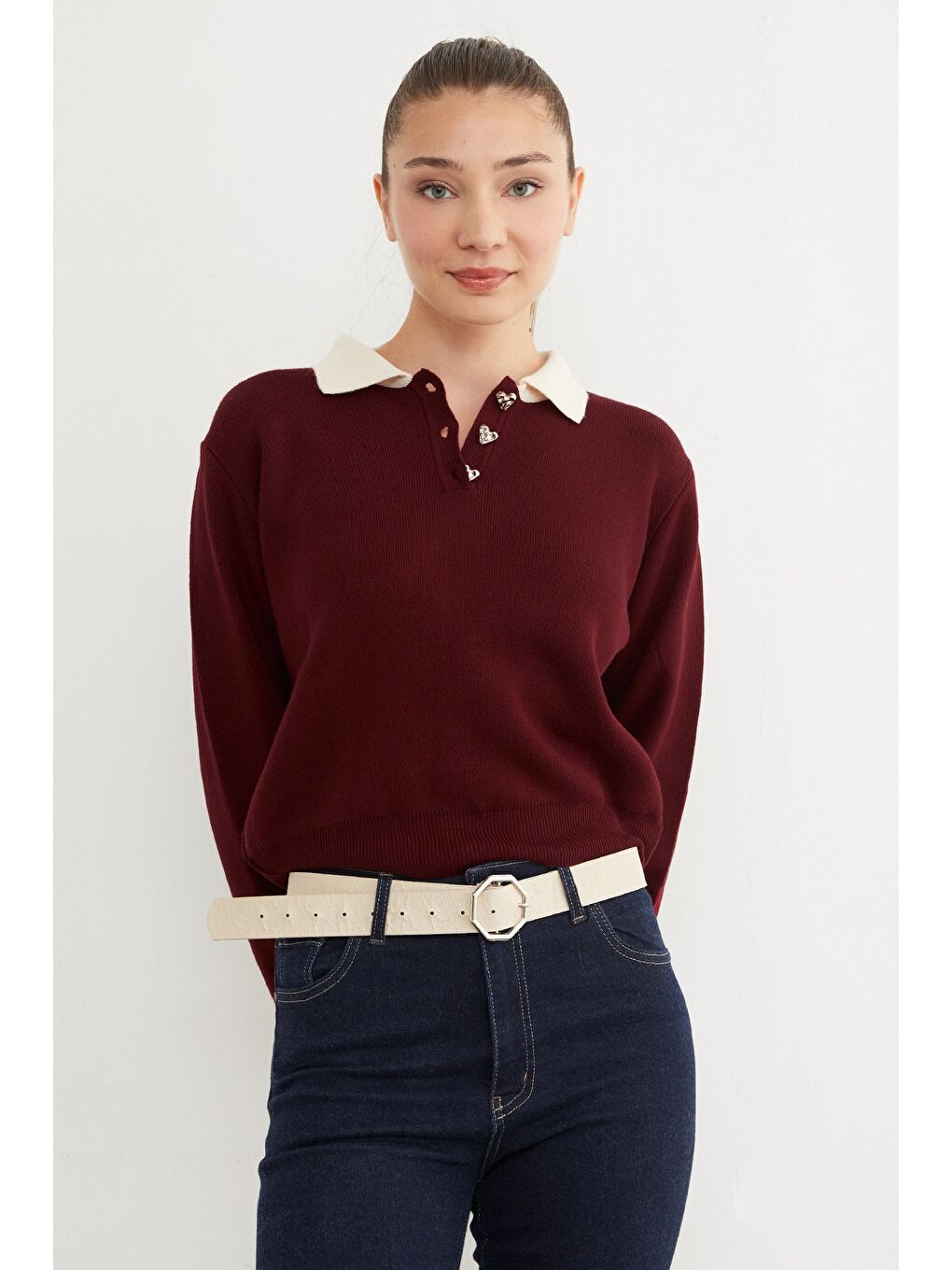 Bordo Basic Gömlek Yaka Yarım Düğmeli Triko Kazak-2